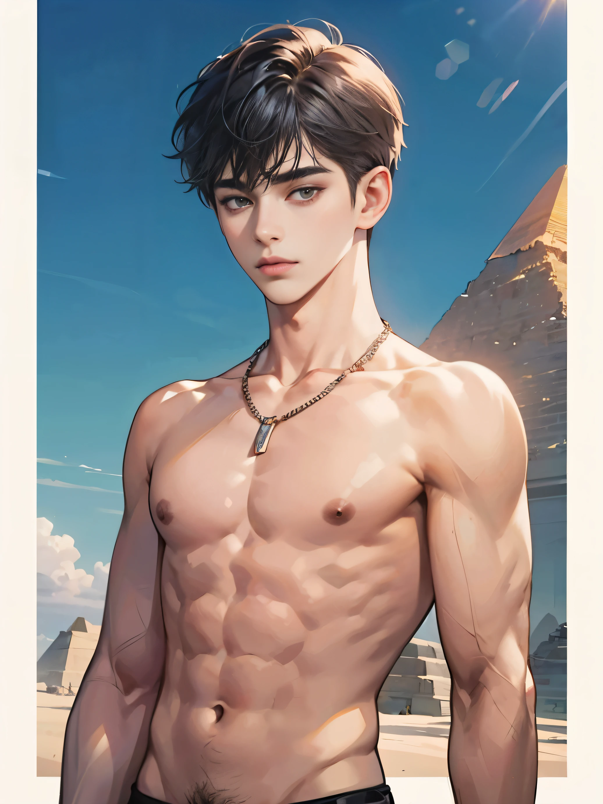 Highres, Masterpiece, Best quality at best,Best Quality,hight quality, hight detailed, 1boy,  boy, 12-Ye-Oly, Eg Gol Pyramid Shirtless, Necklace, Best Quality Masterpiece Very Detailed Wallpaper, Sexy Pink Nipples, Slim body, (Very thin body), loinclouth