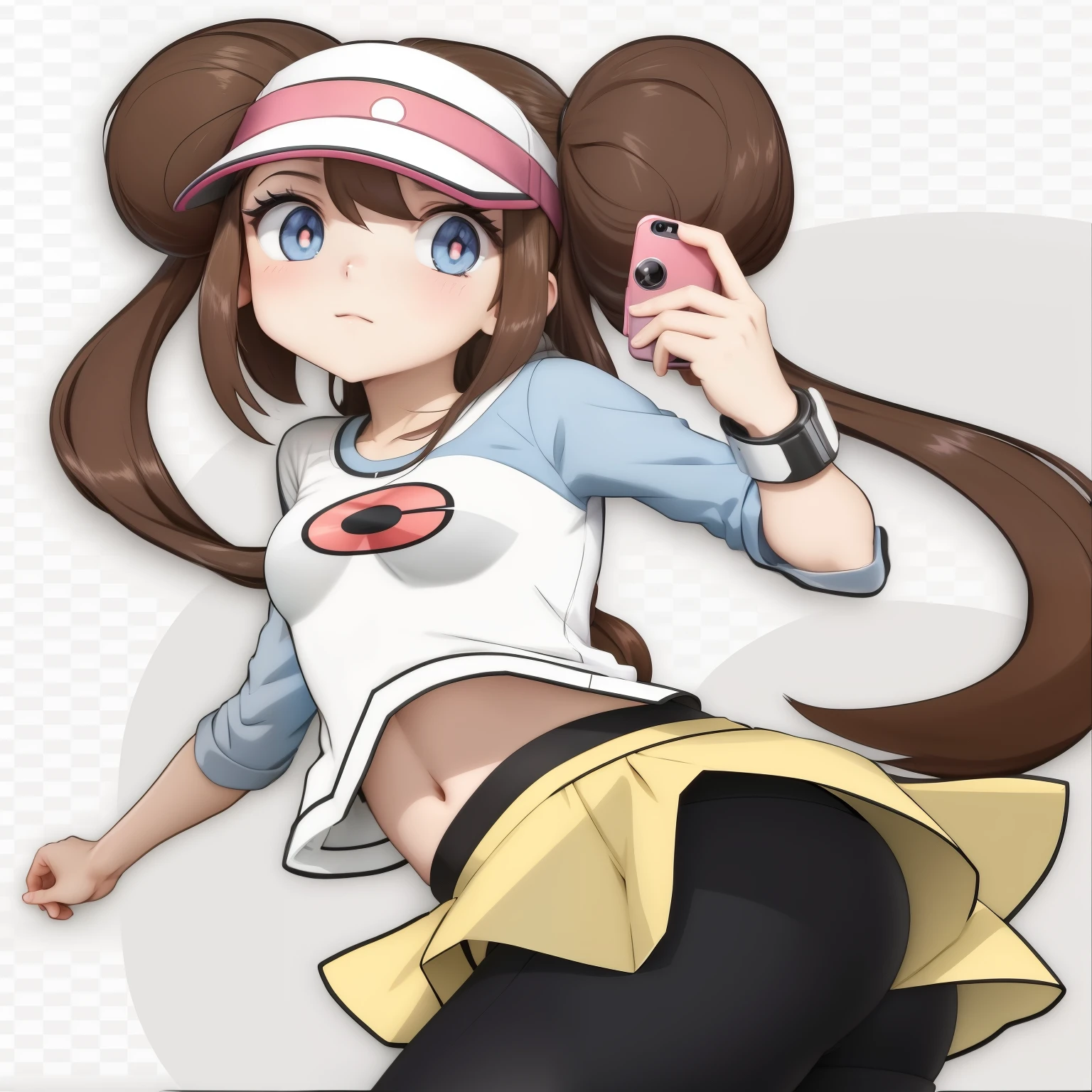 Long-haired anime girl in white shirt holding mobile phone, pokemon trainer, pokemon trainer outfit, heroine 👀 :8, Pokemon Mist, heroine, anime girl named lucy, 阴部posture gesture, female anime characters, holding a posture, sexy posture gesture, anime best girls, posture, official art
