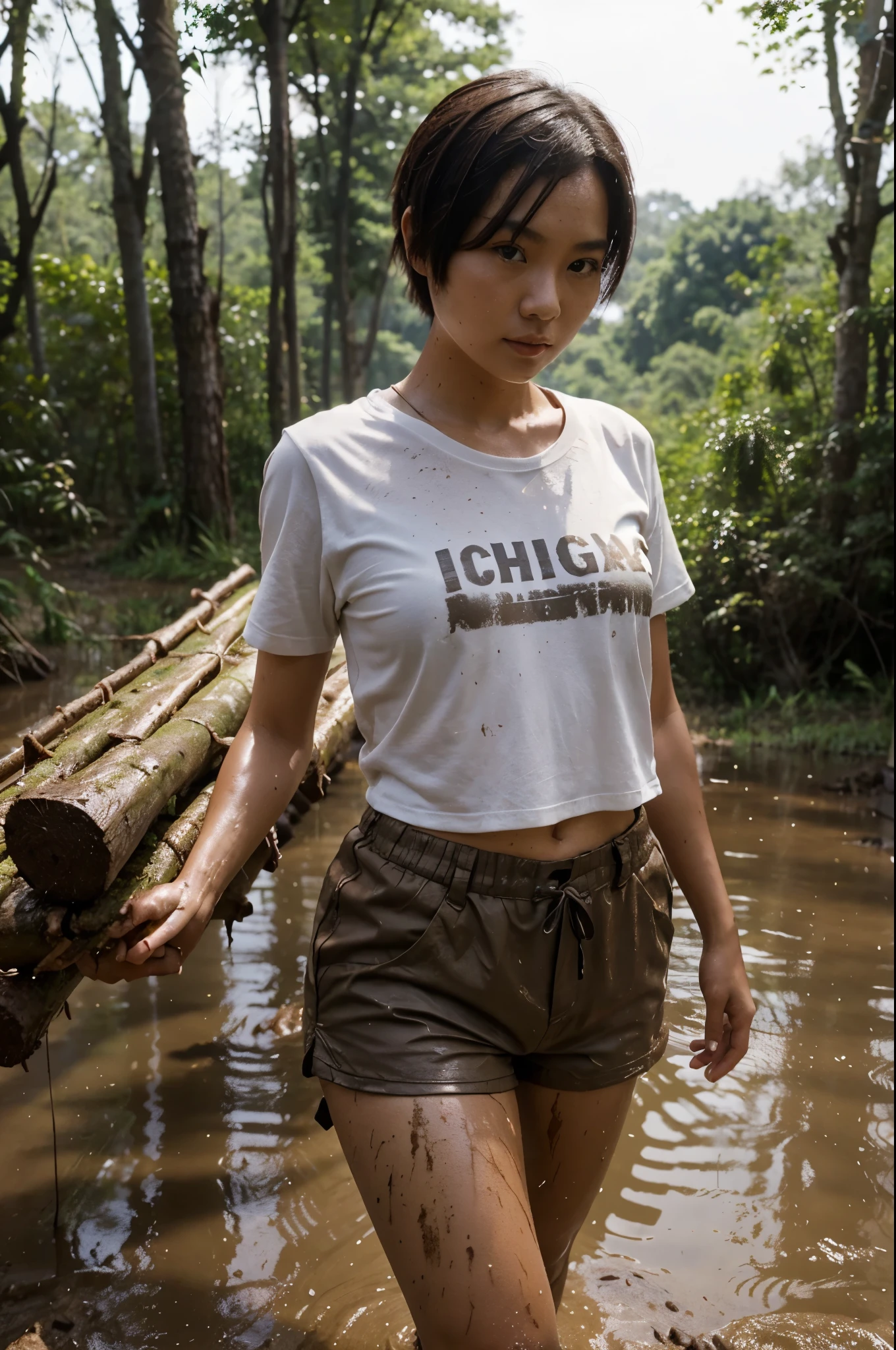 Full figure photo. Pretty Chinese woman with short hair, muddy, wearing T-shirt and shorts, alone, carrying a single heavy ten-foot-long log across her shoulders in a muddy forest
