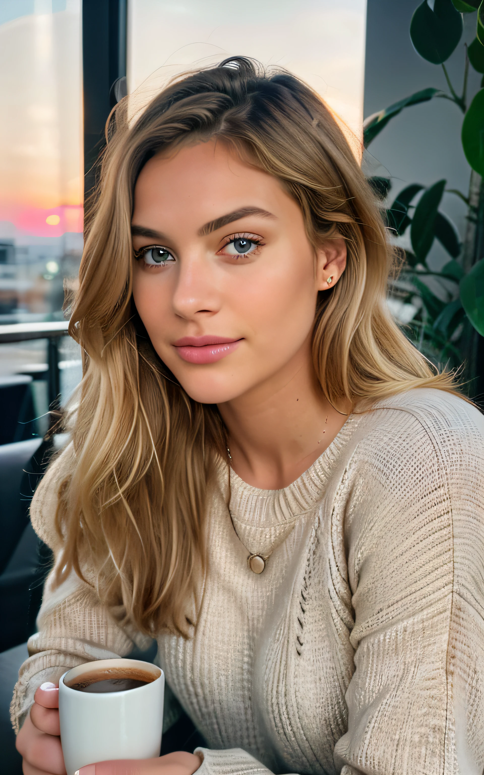 Beautiful blonde wearing beige sweater (drinking coffee inside a trendy cafe at sunset), muito detalhado, 21 anos de idade, rosto inocente, cabelos ondulados naturais, olhos azuis, high resolution, obra de arte, melhor qualidade, detalhes intrincados, altamente detalhado, sharp focus, pele detalhada, realista skin textura, textura, olhos detalhados, profissional, 4k, sorriso charmoso, filmado em Canon, 85mm, profundidade superficial de campo,  Kodak Vision Colors, corpo em forma perfeita, extremamente detalhado, foto_\(ultra\), photorealista, realista, post-processing, maximum detail, rugosidade, Vida real, ultra realista, fotorrealismo, fotografia, 8K Ultra HD, fotografia