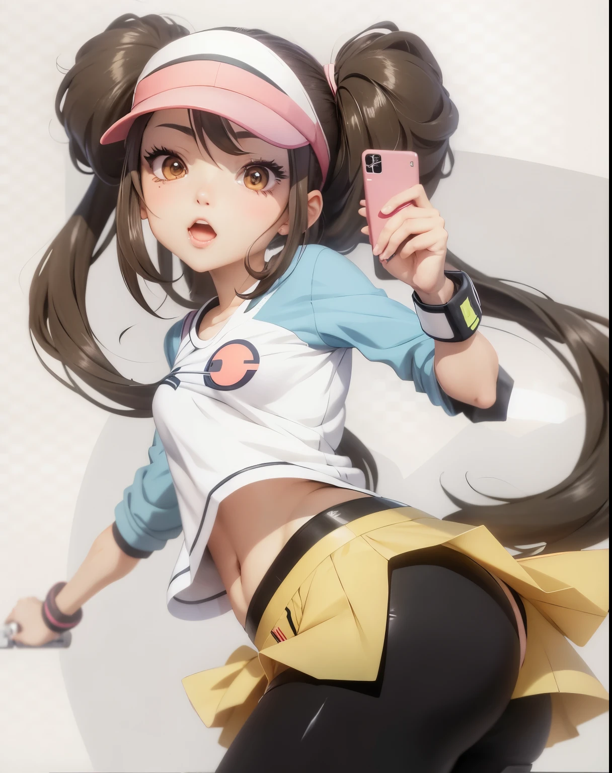 anime girl with ponytails holding a cell phone and wearing a tennis hat, seductive anime girl, Pokemon Trainer Set, anime girl, range murata and artistic germ, style artistic germ, artistic germ and ilya kuvshinov, attractive anime girl, extremely detailed artistic germ, IG model | artistic germ, (anime girl)