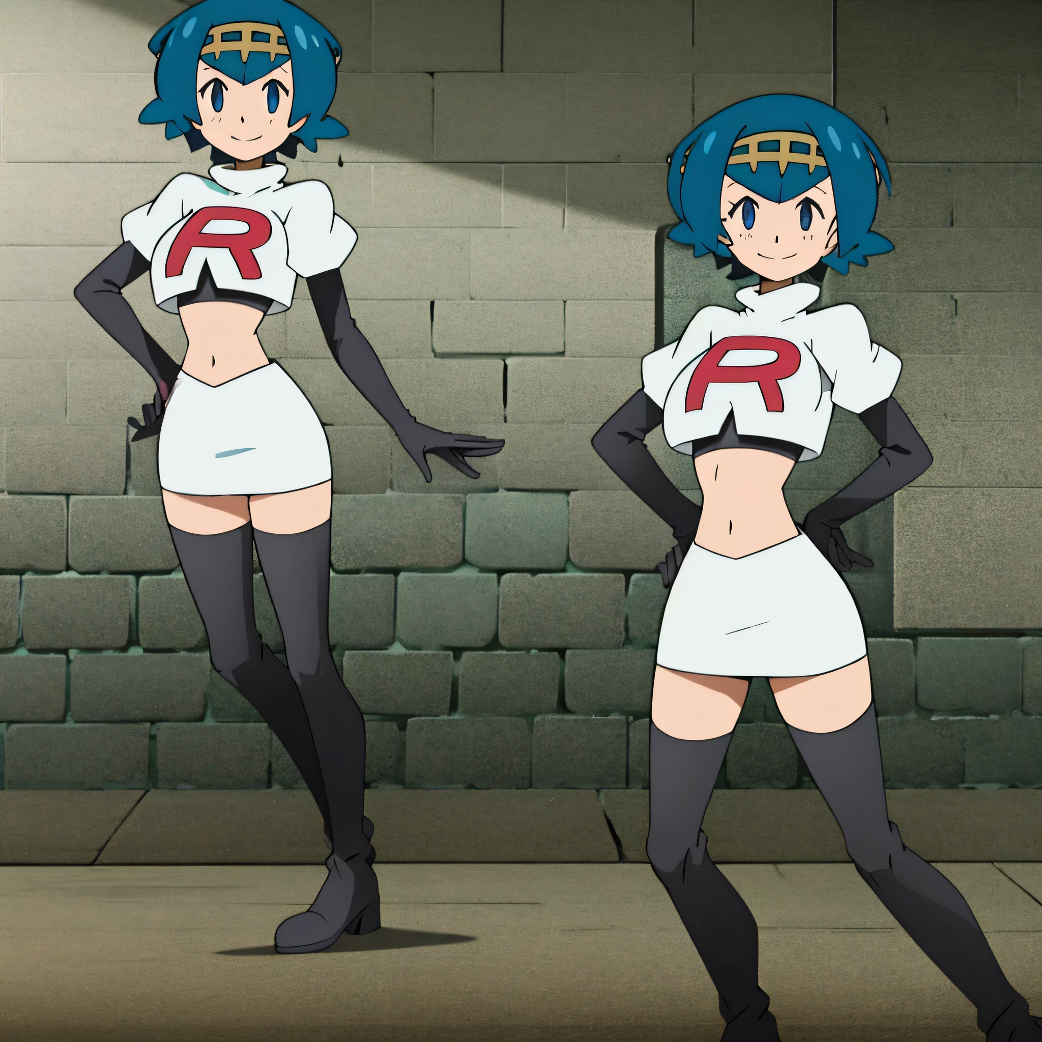 8k, anime screencap,1girl in, (solo:1.1), (perfect body:1.1), (best quality:1.1), very large breast, team rocket uniform, red letter r, white skirt,white crop top,black thigh-high boots, black elbow gloves, evil smile, looking down at viewer, hands on hips,zettai ryouiki,