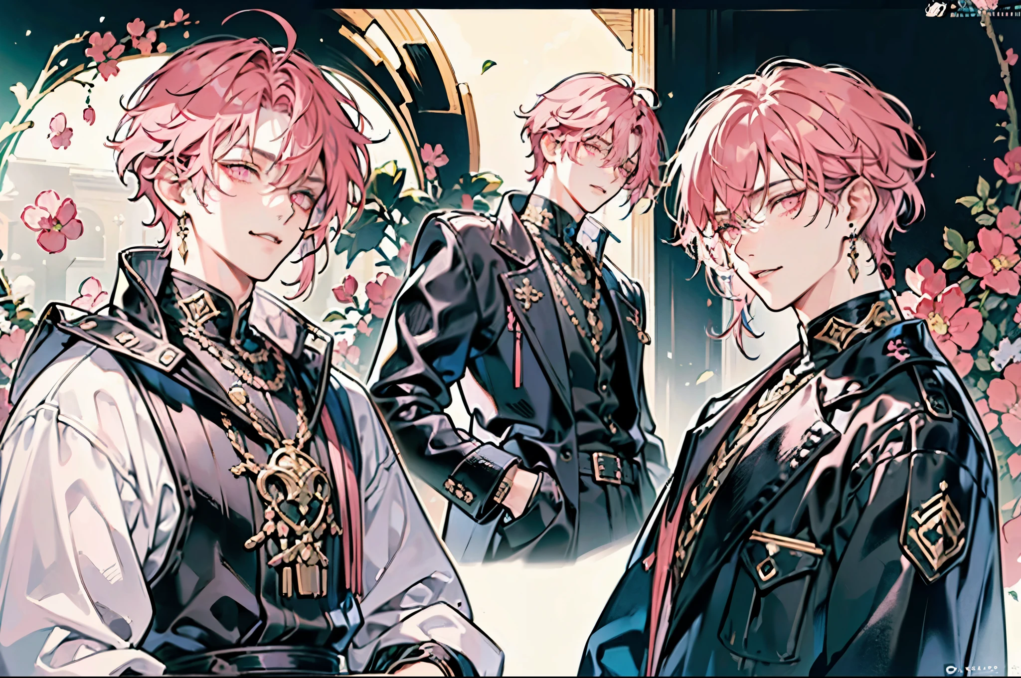 (absurdres, highres, ultra detailed), 1 male, adult, handsome, tall muscular guy, broad shoulders, finely detailed eyes, neon hair, holographic, black jacket, intense run, Character OC design, the same person multi-angle painting, multi-angle painting, the theme color is pink, (Male characters:1.2),(Boy:1.2), ((Character design)),(Different expressions for the same character:0.8),Pubic area is clear, hyper HD, Exquisite, (4K works))、masterpiece、(top-quality)、((Black cityscape background))、Korean Male、Adult male、((Adult 50 years old))、((Adult uncle type))、((Leather Jeans Style))、((Face similar to Hyunjin))、Cool Men、tall、((Wild features))、((Wild look))、((angry expressions))、、((Smaller face))、Full body、full height, clothing reference, beautiful clothes, full-length character on the left, on the right the same character with different emotions, character reference, full-length example of clothes, (masutepiece), (Best Quality), Highly detailed, 1 boy, Solo Focus,Perfect face, Beautiful face, extra detailed face,(Pink hair short:1.3),(Pink eyes:1.3),florals,butterflys々,floralsびら,optic,kirakira,a smile