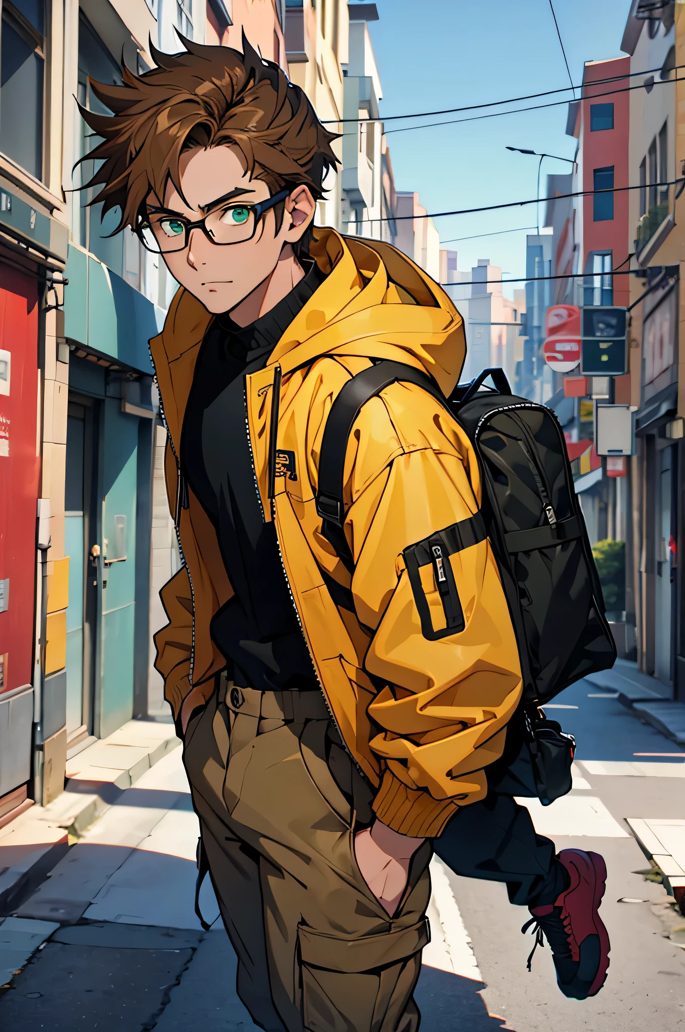 Anime aus den 90ern, 1 Mann, Kurze braune Haare, green eyes, Brille tragen, wears a college jacket, Cargohose, Stadt, absurder, High Resolution, ultrascharf, 8 TAUSEND, Meisterwerk, Blick auf den Betrachter