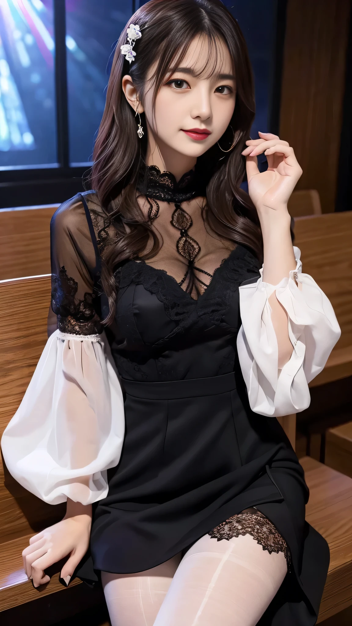 Super detailed、Japanese、charming beauty、seductive adult woman、Dainty woman、sharp eyes、cool girl、wavy hair、suit、Black chiffon、lacy fabric、wide sleeve、wearing a lace insert dress、white blouse、Tight Skirt、flower pantyhose、Shiny legs、evilの幹部、evil depravity、brainwashing、Mind control、lipstick、grin、邪evilなな表情、evil、empty eyes、邪evilな、Church at night、reach out