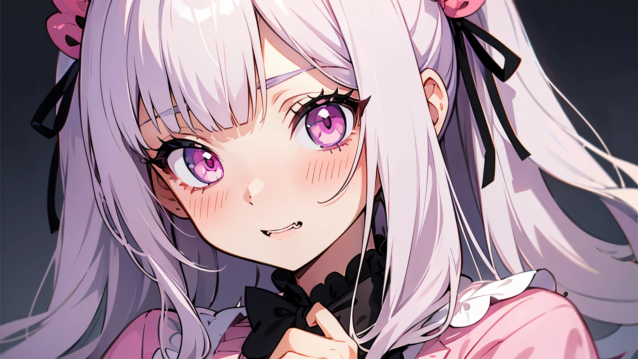 one girl, very beautiful face, beautiful eyes, detailed eyes, detailed face, detailed hair, masterpiece, anime girl, pink eyes, silver hair, , kawaii, two pony tails, hair pins, hair accessories, very young, big , pixiv, illustration, very high quality, masterpiece, vampire teeth, fangs, pink cheeks, looks at you, very shy, boss clothes, in office, office girl, shy girl, blushing girl