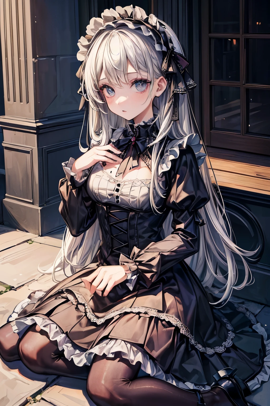 ((masterpiece, best quality, extremely detailed, absurdres)), 1girl, (gothic makeup), (gothic lolita dress:1.2), sitting on ground,