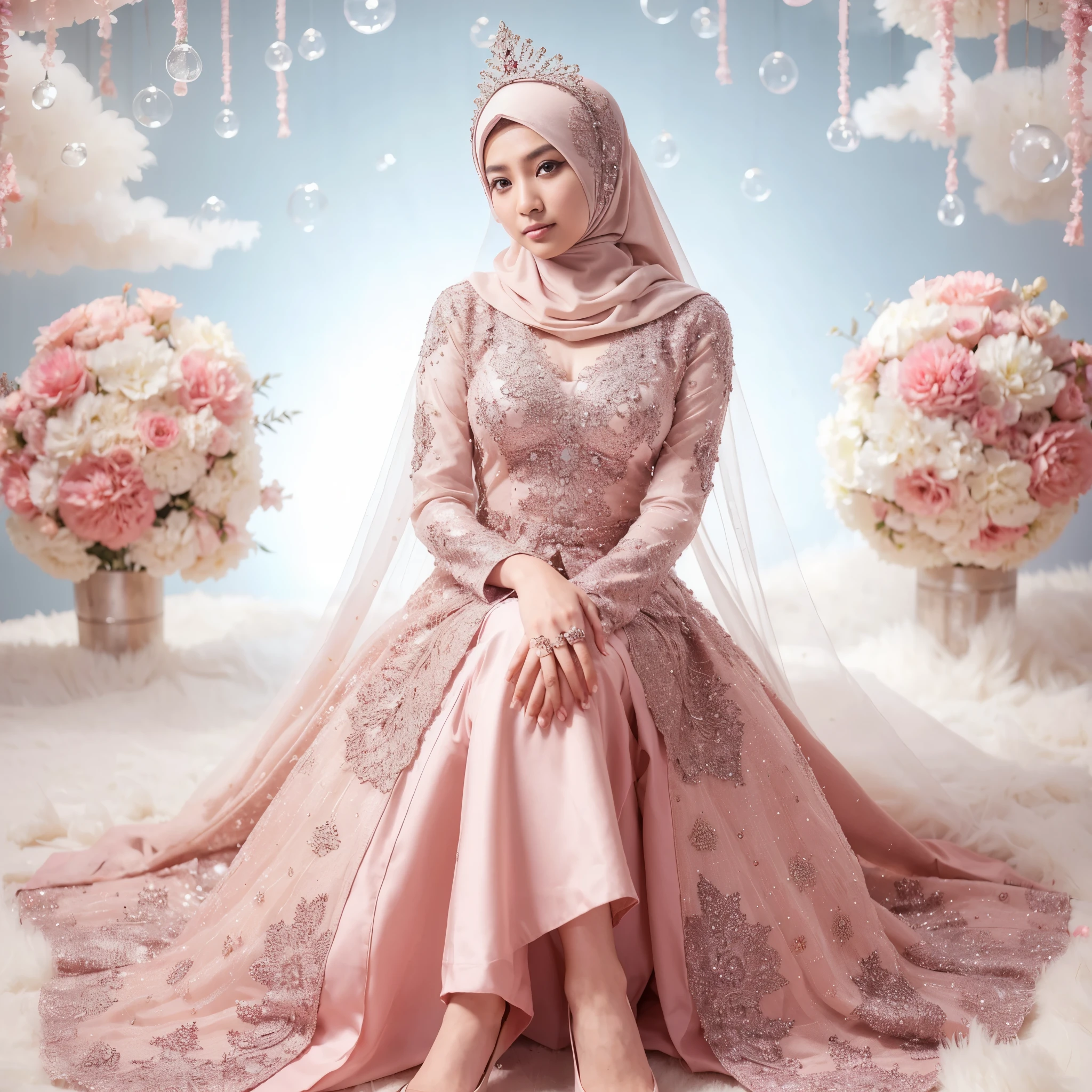 Perempuan indonesia, berhijab, duduk anggun, foto studio, sangat jelas, 8k, ultra HD, tersenyum