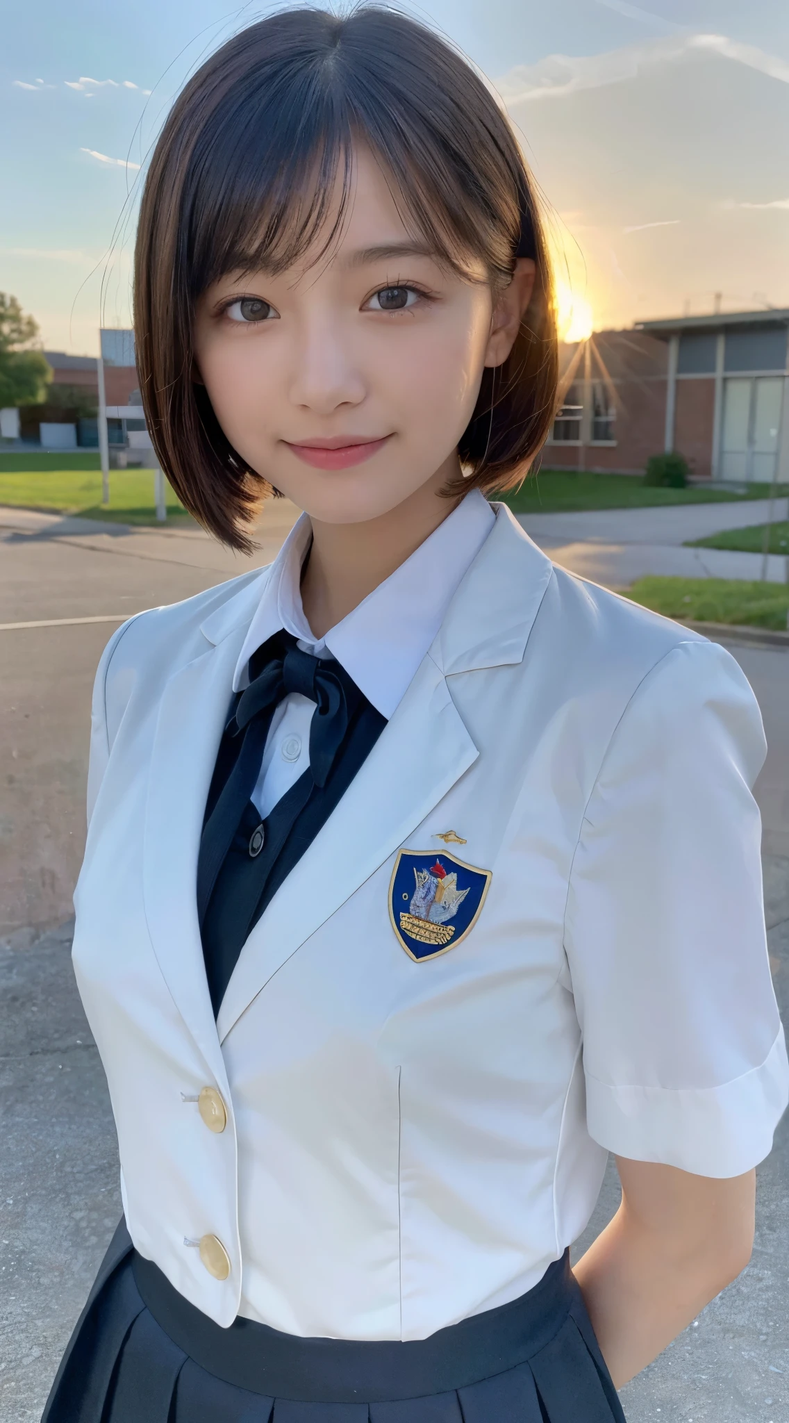 (highest quality,8K quality,masterpiece:1.3),(ultra high resolution,photorealistic:1.4,Live shooting),(Super detailed,caustics,detailed background),(ultra-realistic capture,Beautifully detailed skin,perfect anatomy),at dusk,Sunset sky,school building,schoolyard,,cute,single eyelid,black short hair,School Blazer Uniform,Looking at the camera,A sloppy smile,bust up shot,Natural light