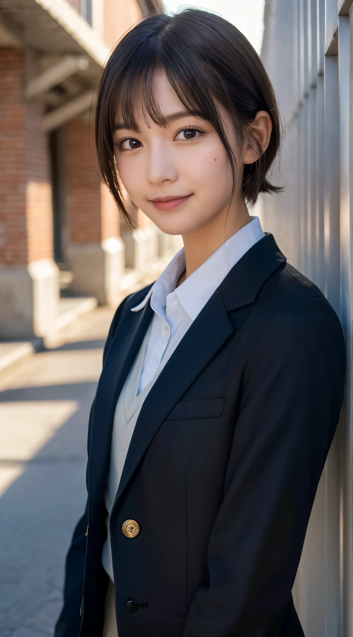 (highest quality,8K quality,masterpiece:1.3),(ultra high resolution,photorealistic:1.4,Live shooting),(Super detailed,caustics,detailed background),(ultra-realistic capture,Beautifully detailed skin,perfect anatomy),at dusk,Sunset sky,school building,schoolyard,,cute,single eyelid,black short hair,School Blazer Uniform,Looking at the camera,A sloppy smile,bust up shot,Natural light