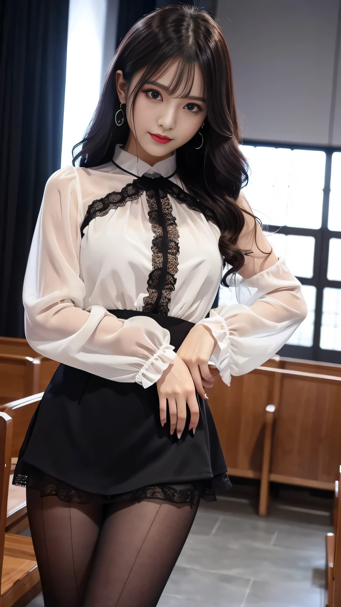 Super detailed、Japanese、charming beauty、seductive adult woman、Dainty woman、sharp eyes、cool girl、wavy hair、suit、Black chiffon、lacy fabric、wide sleeve、wearing a lace insert dress、white blouse、Tight Skirt、flower pantyhose、Shiny legs、evilの幹部、evil depravity、brainwashing、Mind control、lipstick、grin、邪evilなな表情、evil、empty eyes、邪evilな、Church at night、reach out