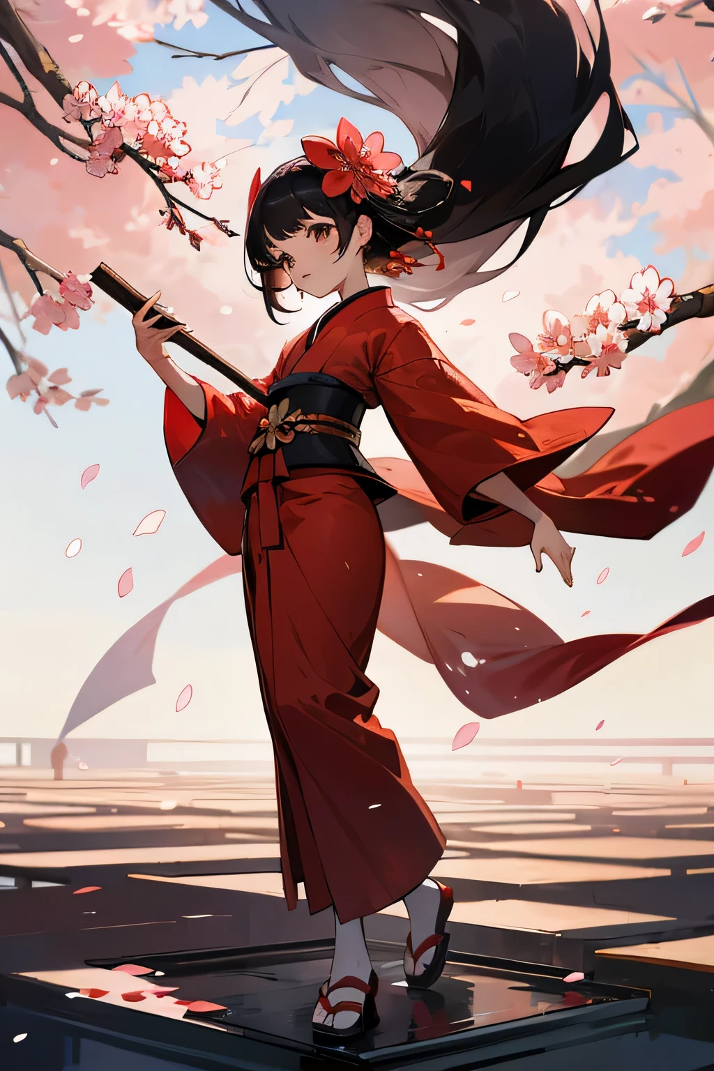 A small girl with black hair and brown eyes, wearing a red kimono and a flower in her hair. She is holding a fan and standing in a cherry blossom garden. She has a graceful and elegant pose.