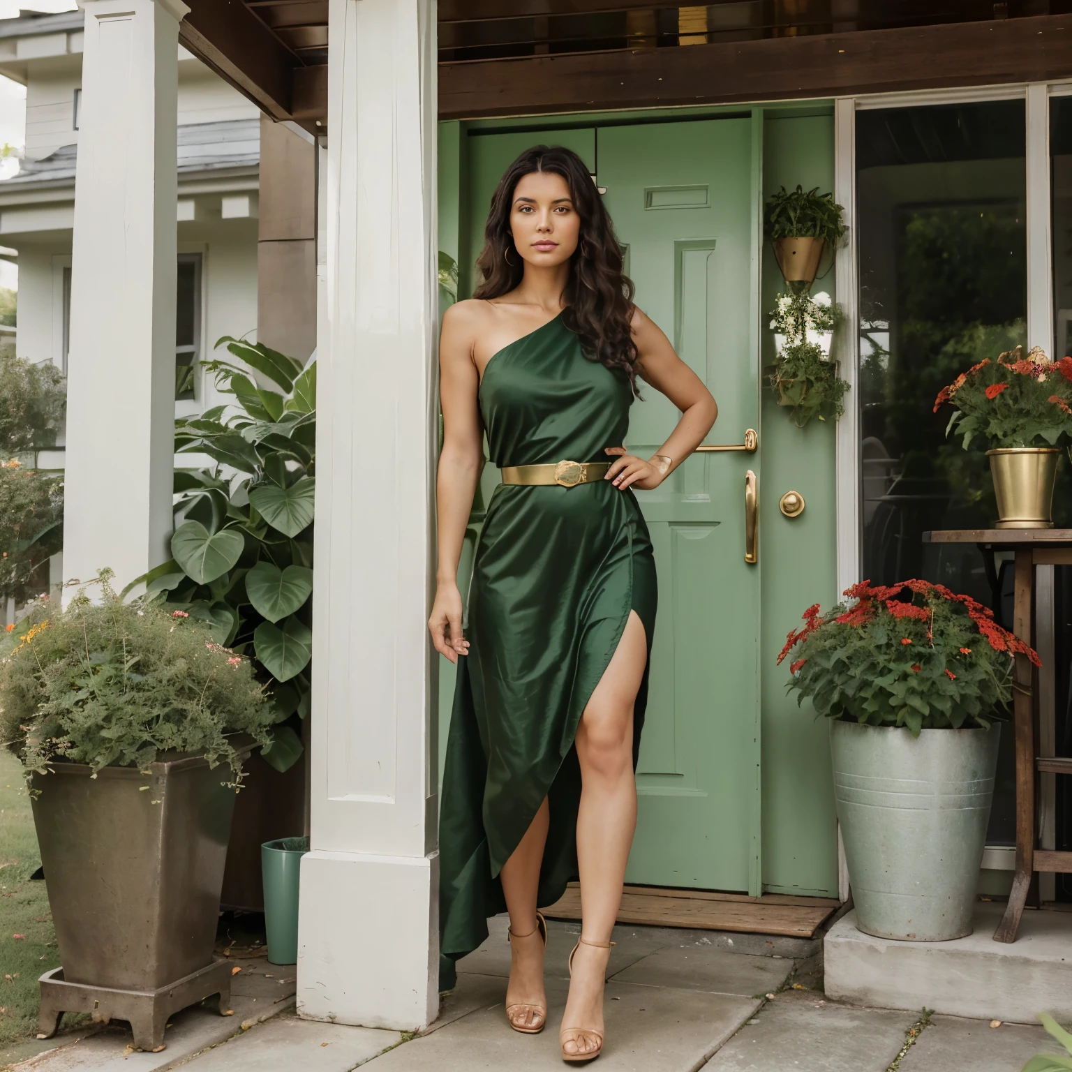 Light brunette woman, 40 years old, 170, 80 kilos, shoulder-length curly black hair wearing a green flag dress, long model, thin green belt at the waist, on her feet a pair of gold high-heeled scarpan shoes. She is standing next to a porch column of a house with a tall creeping plant with red flowers.