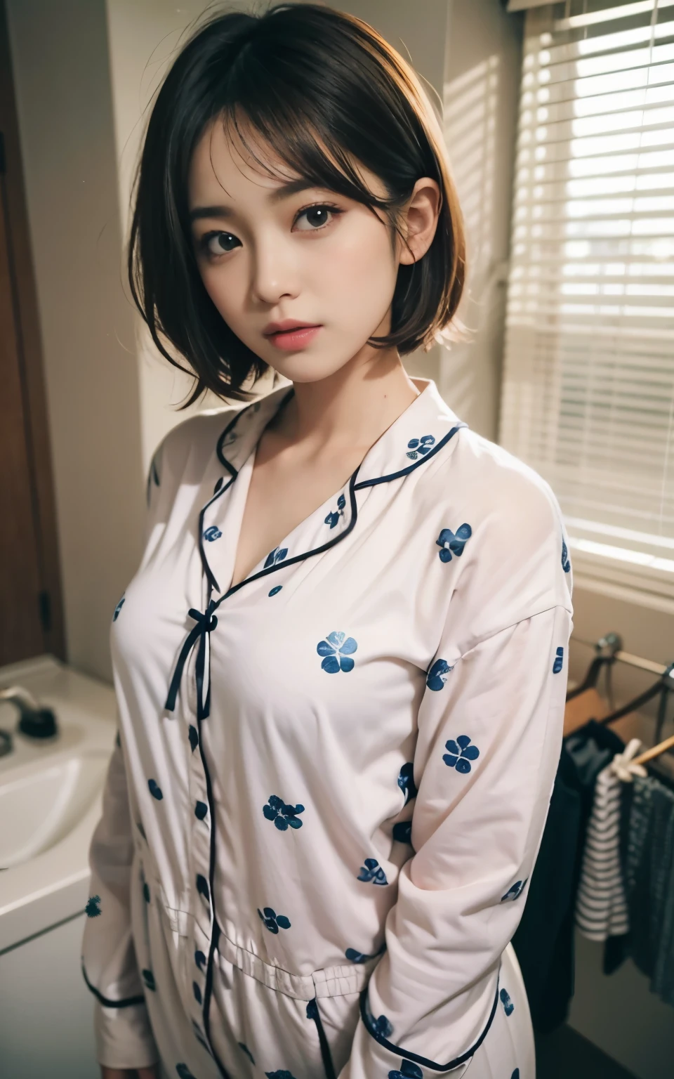 cute 21 year old japanese、Washstand、S Pajamas、cute blue pajamas、super detail face、eye for details、double eyelid、beautiful thin nose、sharp focus:1.2、Beautiful woman:1.4、(light brown hair,short cut hair, white skin、highest quality、masterpiece、Super high resolution、(Photoreal:1.4)、C cup breasts、