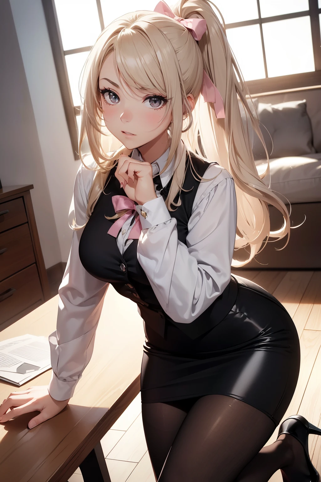 (best quality, 4k, 8k, highres, masterpiece:1.2), ultra-detailed, detailed face, detailed lips and eyes, anime style,
BREAK
Valerie the Thief beautiful caucasian woman with messy wavy shoulder length blonde hair, 23 years old, ((big eyes)), (brown eyes:1.3), brown eyebrows, fair skin, lean and athletic, attractive appearance, expressive face, beautiful hair tied in ponytail,
BREAK
(white and gray theme:1.3), (wearing a [[white and gray plaid pattern]] vest over a long sleeve white collared-shirt:1.4), (buttoned gray vest:1.2),
BREAK
(pink theme:1.2), (pink ribbon bow:1.3),
BREAK
(black theme:1.4), (tight black pencil skirt:1.5), (pantyhose:1.3), (high heels:1.1),
BREAK
detailed perfect fingers, detailed perfect hands, detailed perfect face, intense blushing, (solo:1.2),
BREAK
standing in front of desk, (1 Adult female), A high resolution, Sharp focus, Pixiv masterpiece, highly  detailed, 1 woman, Defeat, crestfallen, full body, kneels on the ground, embarressed, exhilarated, is shocked, worry, (A gesture of pleading), closed eyes, perspire, from above, dutch angle