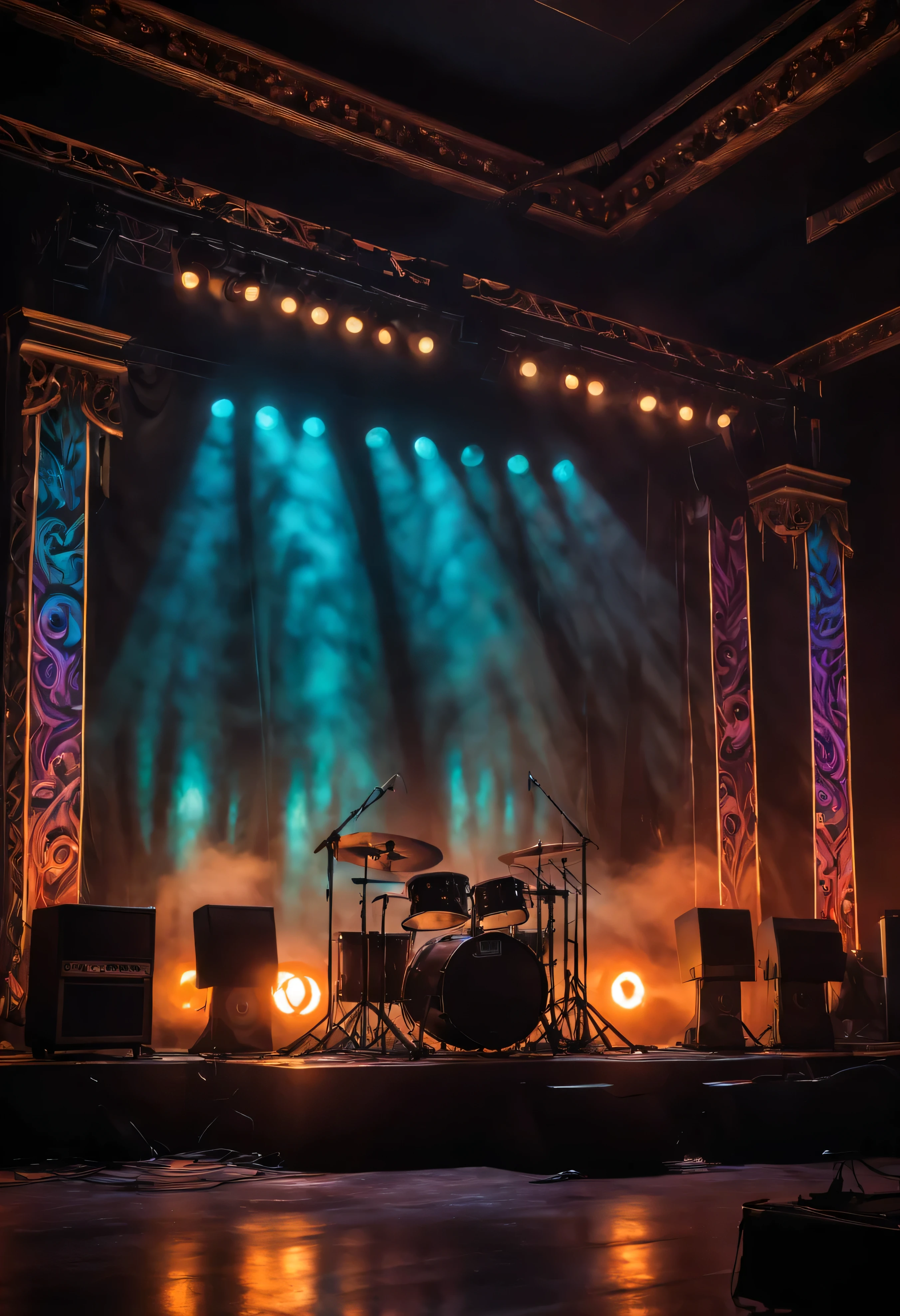 (Mejor calidad,high resolution:1.2),Detailed lighting,stage setup,Stereo,neon lights,Ambient atmosphere,Colores cambiantes,fondo borroso,ambiente acogedor,calming melodies,energetic rhythms,sonido vibrante,sombras sutiles,Transiciones suaves,siluetas,harmonious composition,focos parpadeantes,creative images,dynamic atmosphere,melancholic melodies,lugar espacioso,ambiente animado,surreal atmosphere,warm tones,Etapa brumosa,Dream atmosphere,Art scene,Patrones abstractos,amplificadores coloridos,illuminated stage curtain,instrumentos brillantes,eclectic decoration,Psychedelic vibes,Ethereal aesthetic,Magic night,movimiento fluido,Electric atmosphere