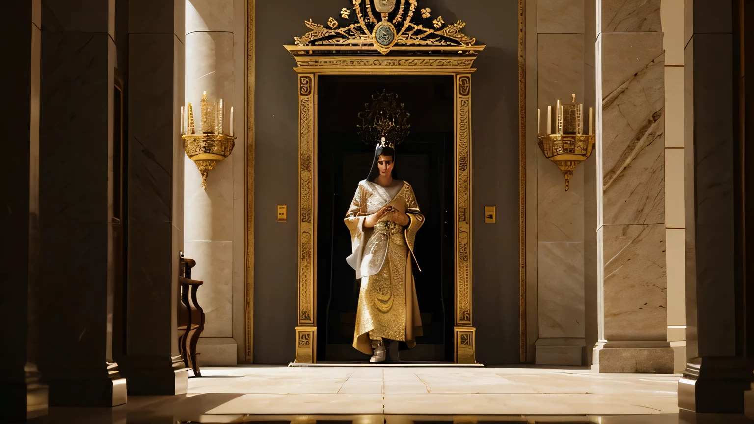 Esther entering the throne room, where King Xerxes sits on his throne
