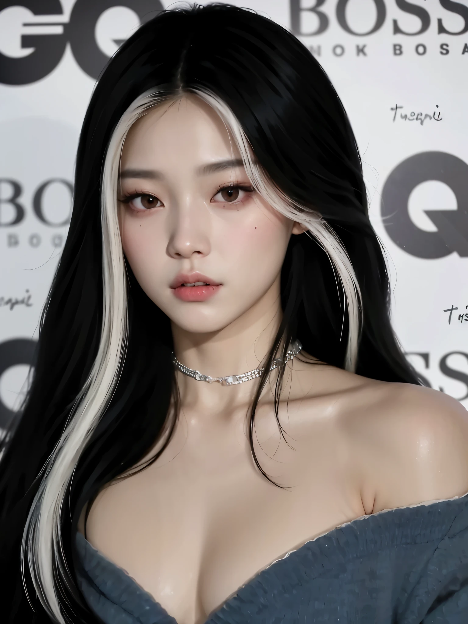 a close up of a woman with long black hair and a choke, inspired by Gao Qipei, portrait jisoo blackpink, portrait of jossi of blackpink, inspired by Gao Cen, inspired by Gao Xiang, blackpink jennie, jisoo from blackpink, jossi of blackpink, cruel korean goth girl, inspired by Gang Se-hwang, inspired by Qian Gu, jisoo of blackpink
