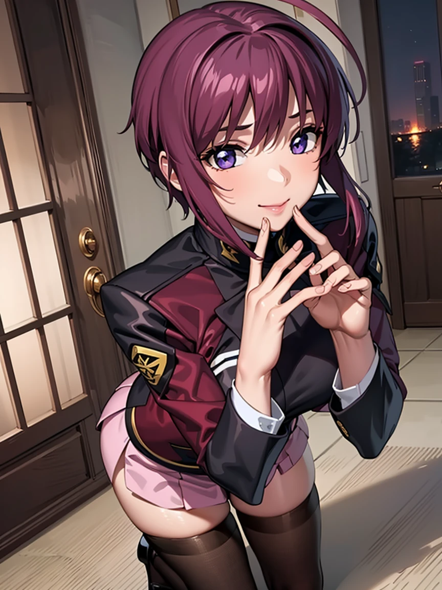 1girl, solo, pink skirt, military uniform, short hair, ahoge, black thighhighs, red hair, purple eyes, purple hair, long sleeves, middle breasts
BREAK
full body view, full body shot, contraposto 
BREAK 
smile, Hold your chest up pose 
BREAK 
Masterpiece, best quality, high resolution, 8K, official art, super resolution, extremely detailed and beautiful, extremely detailed, amazing and detailed, highly detailed beautiful girl, highly detailed face, highly detailed eyes, highly detailed skin, highly detailed fingers, highly detailed nose, very detailed mouth, perfect anatomy 
BREAK 
indoors, midnight, late at night, darkness, luxurious mansion, extremely detailed CG unity 16k, very fine 16KCG wallpapers