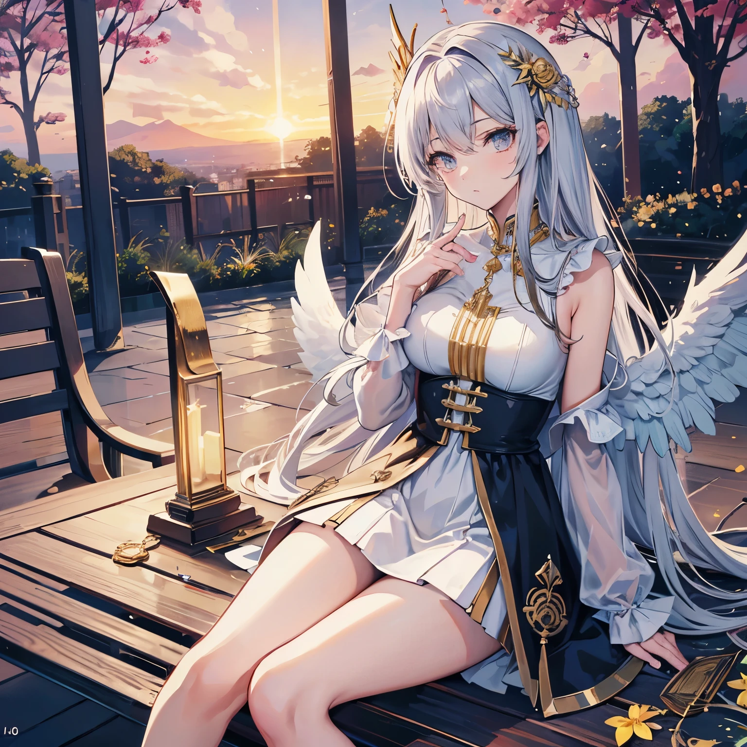 angel Athena  de cabelos bem curto arrepiado com fios por fios ao vento gold vermelhao brilhoso liso e sedoso, eye-catching silver eyes and elegant short dress in pink colors with a print of golden stars sitting facing forward on a bench with a flower garden falling golden petals in a sunset super quality perfect anime 2.5D death note style strong strokes manga realistic quality niji 6v ultra detailed graphics