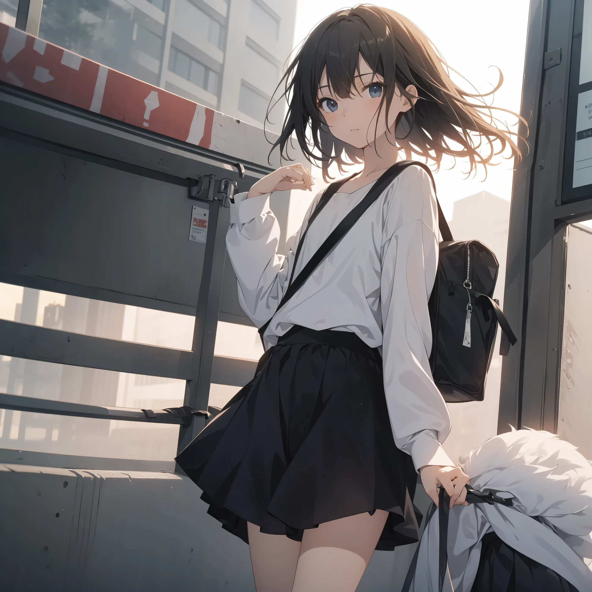 Super high quality by the art god, super detailed, High resolution, Shinkai Makoto style, anime moe art style, best anime 8K konachan wallpaper, pixiv contest winner, perfect anatomy, break,(眠そうにalone学校へ行く女の子を描いてください. )break, 1 girl, (alone,little woman, ta, , 13 y),All limbs, full finger,, The charm of an immature body, (very short hair), flat chest, small ass, between legs, Small black eyes, beautiful and fine eyes, Well-proportioned iris and pupils, expressive eyes, disgusted eyes, High resolutionの詳細な髪, wearing school uniform, (skirt),(detailed lighting), (detailed background), On the way to school., break,super dense skin, Best lighting by famous artists, 8K, figure,UHD, rough skin
