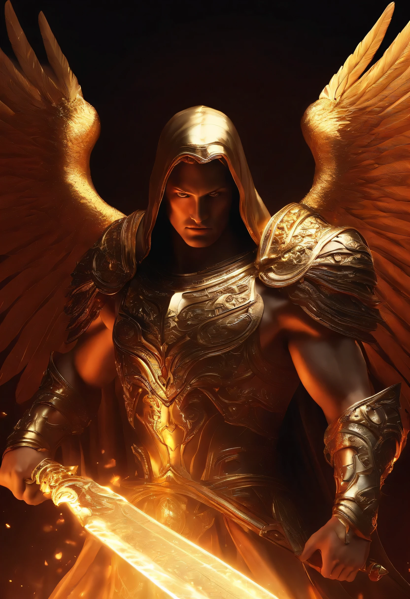 ((1 homem anjo)), Arcanjo Gabriel, ((1 homem)), olhos claros brilhantes, Biomechanicals, Rosto da Beleza, o Deus dos anjos, with a sparkling sword in his hands, Angel of justice , O mais belo dos anjos, cores muito brilhantes, light particles, com luz brilhante, Mshiff, Arte do papel de parede, papel de parede uhd, inspirado no Arcanjo Gabriel, Golden armor and red cape, wavy long hair