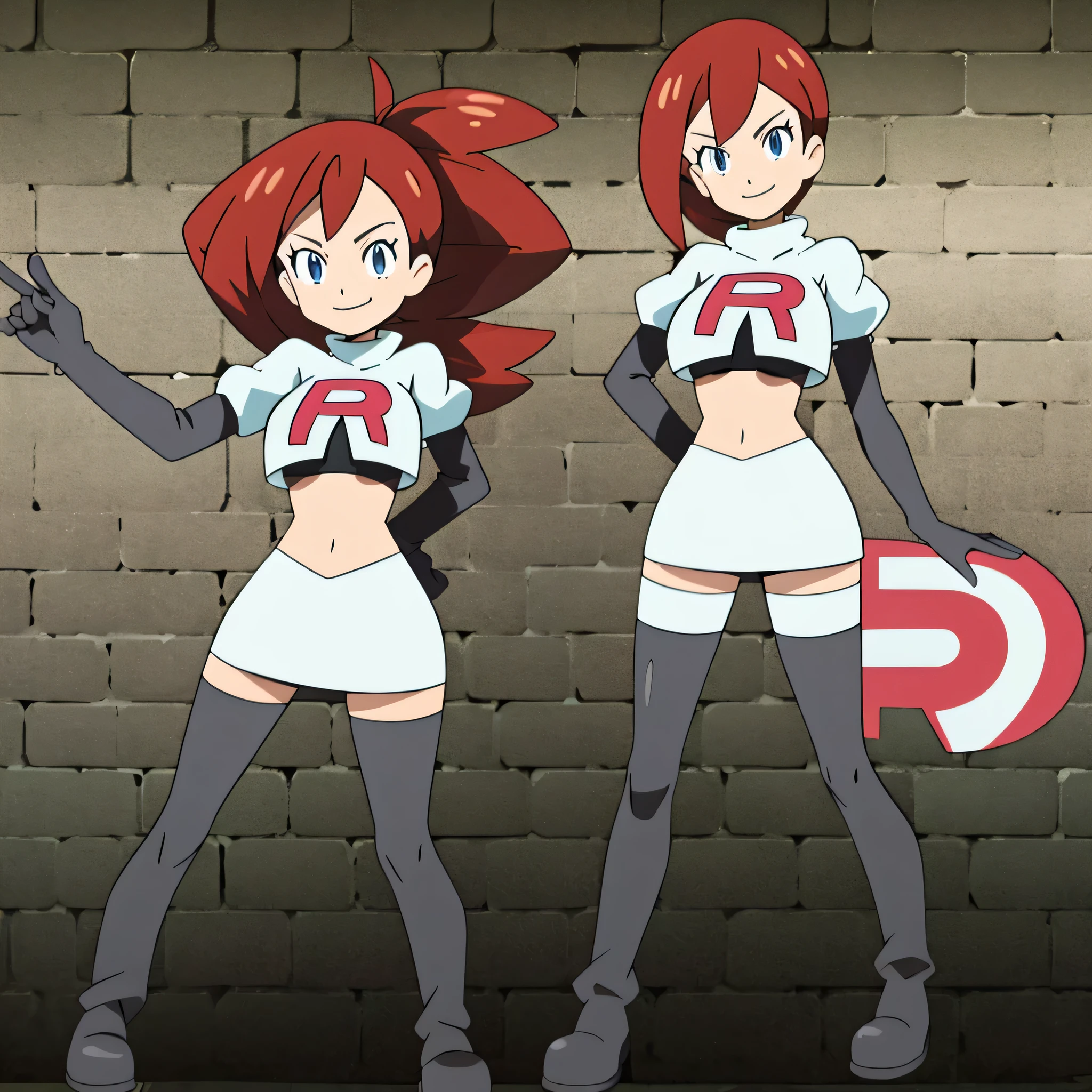 8k, anime screencap,1girl in, (solo:1.1), (perfect body:1.1), (best quality:1.1), very large breast, team rocket uniform, red letter r, white skirt,white crop top,black thigh-high boots, black elbow gloves, evil smile, looking down at viewer, hands on hips,zettai ryouiki,