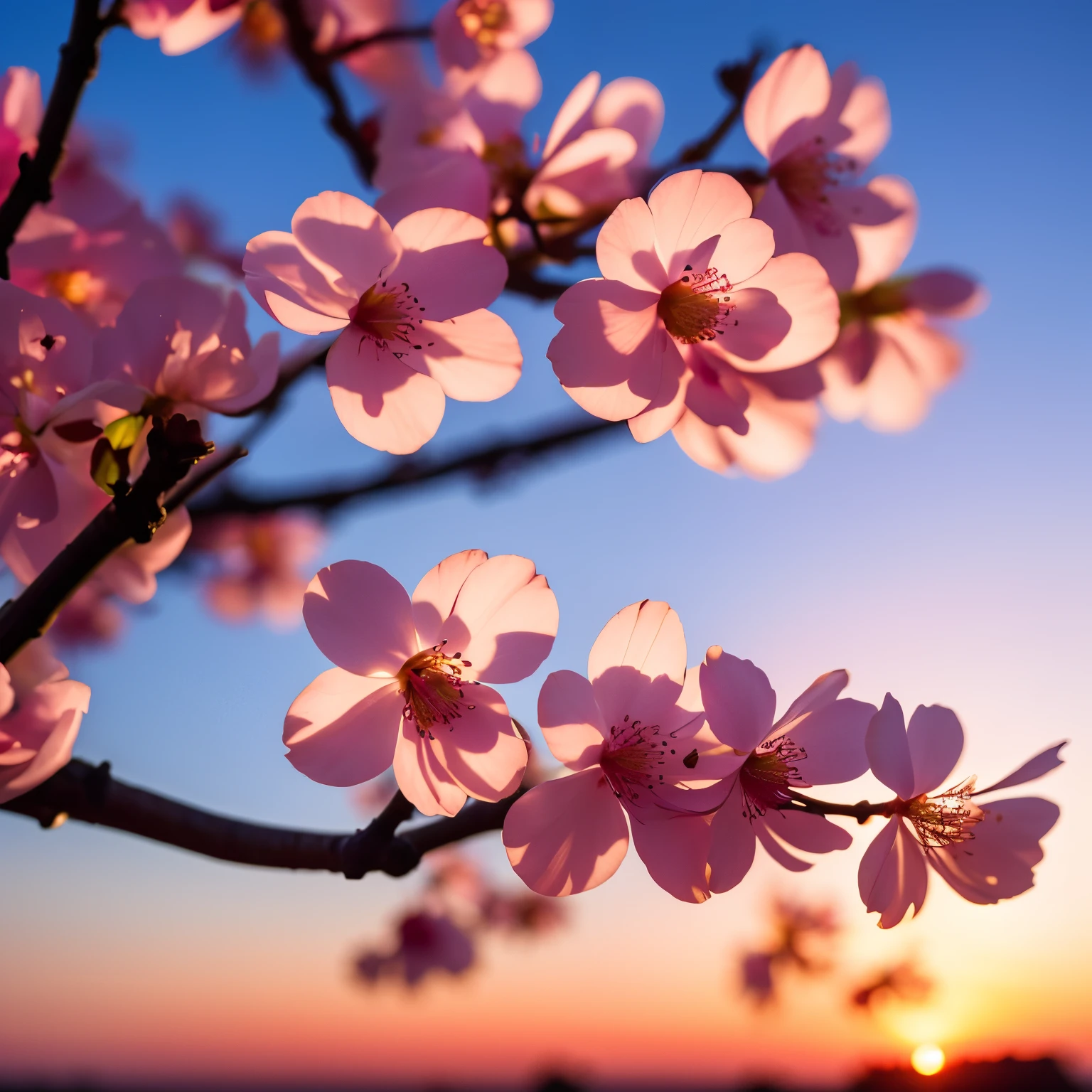 Creates a high-resolution image of a cherry blossom on a beautiful sunset afternoon, close up, ultra detailed, 8K, Sunshine Lights