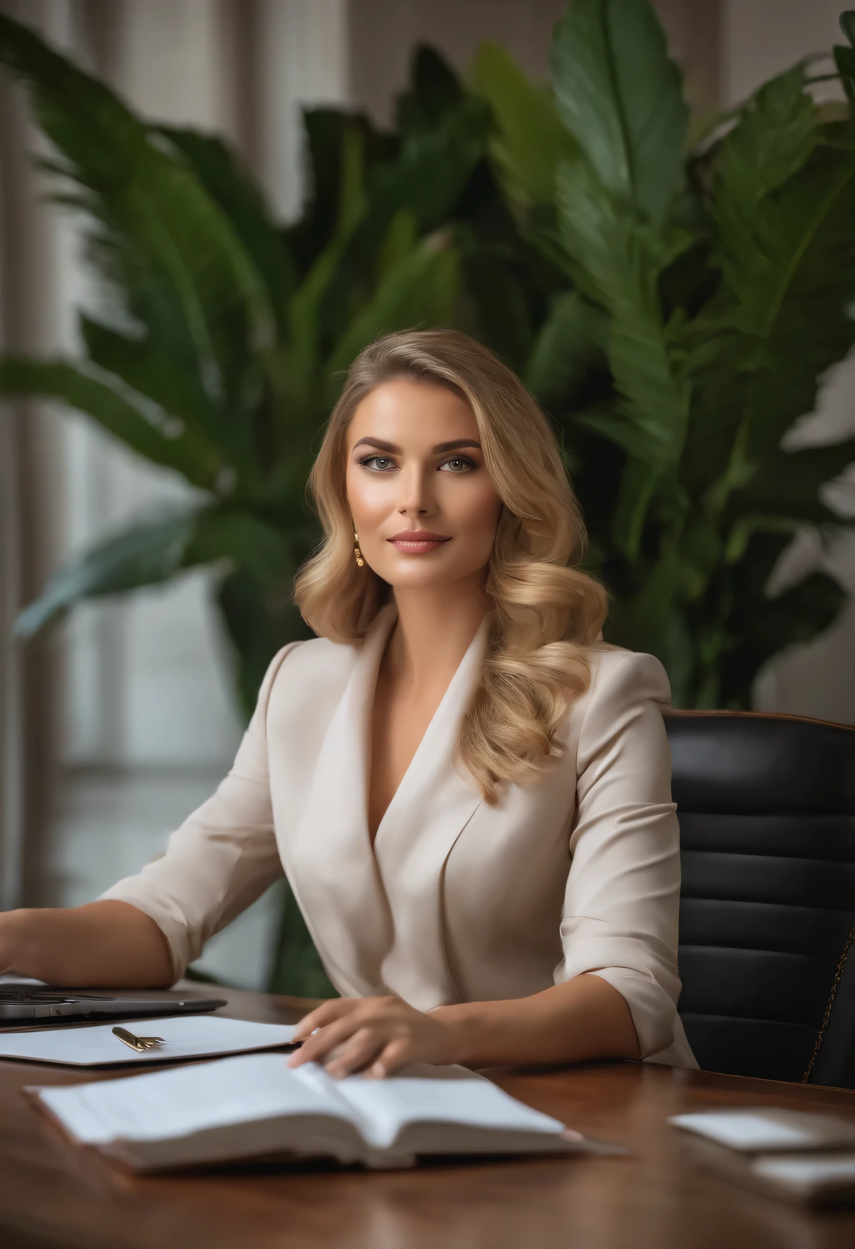 Une photo en pied d'A white-skinned woman, cheveux bruns avec des pointes blondes, yeux marrons, dressed like a woman'affaires, blanc+ou, Poitrine de taille moyenne. Histoire de fond: a private office, with potted plants and gold details, animated, estilo animated, master piece, Well-designed eyes, Well-designed face, Highly detailed eyes, very detailed face, 8K, Effect of light and'ombre.