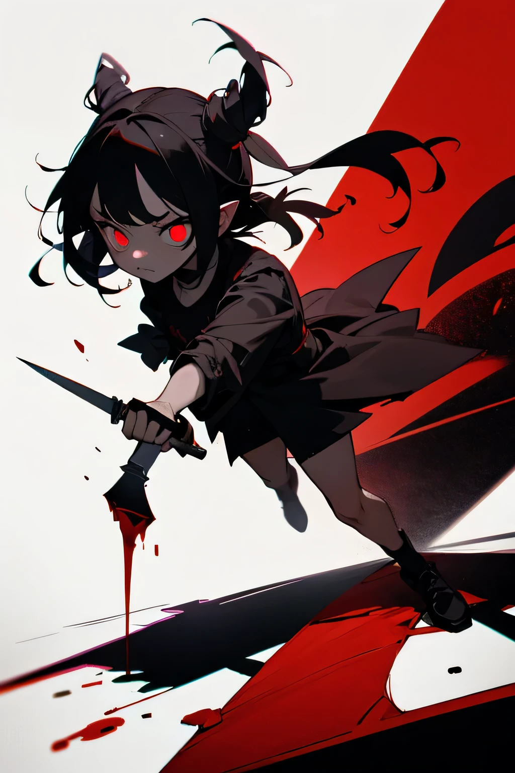 A scary  holding knife with dead eyes and everything blood and dark and behind her a scary shadow monster