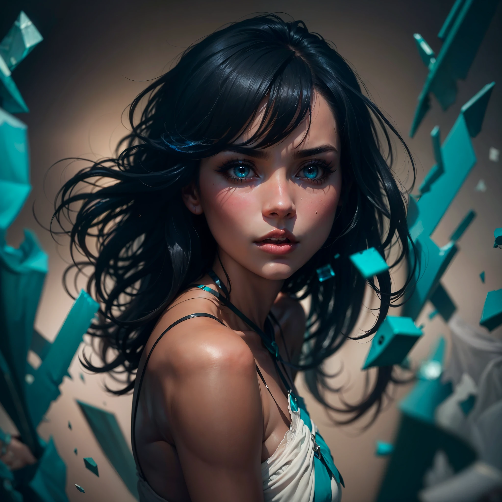 (Cinematic, emotional:1.3), (dynamic pose:1.2), (complex image:1.2), portrait of a woman striking a dynamic pose against a turquoise backdrop, glass shards around her, voluminous black hair highlighted, confident expression profiled, (small breasts, white accents), the photograph captured in stunning 8k resolution and raw format to preserve the highest quality of details, (her eyes are portrayed with meticulous attention to detail: 1.3), The photograph is taken with a lens that emphasizes the depth in her eyes, the backdrop is a dark room setting that enhances the colours of the scene. The lighting and shadows are expertly crafted to bring out the richness of her skin tone and the intense atmosphere. Her hair adds contrast against her skin, the overall composition captures her essence with authenticity and grace, creating a portrait that celebrates her heritage and beauty. Photography utilizing the best techniques for shadow and lighting, to create a mesmerizing portrayal that transcends the visual, vibrant colors