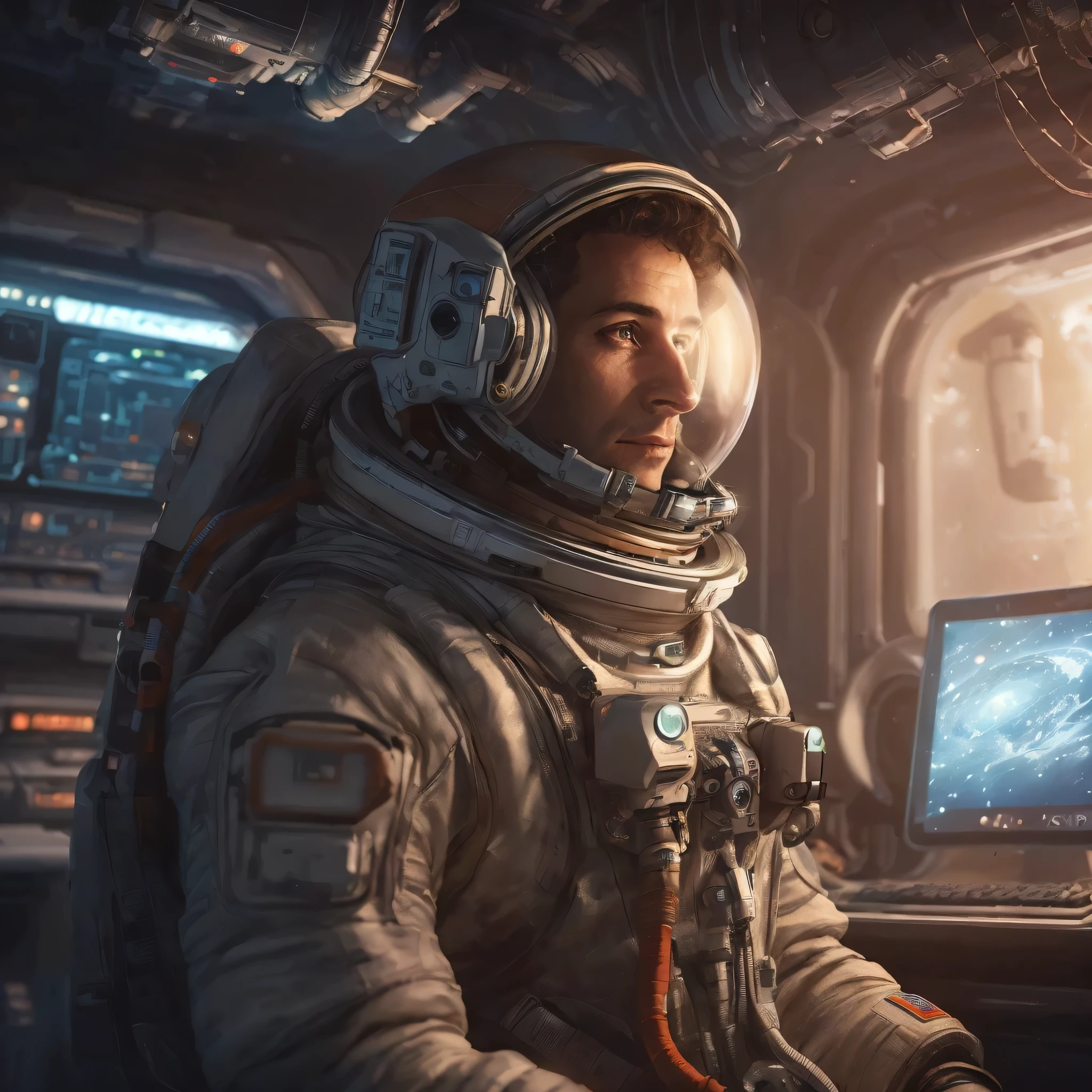 arafed astronaut in a space station with a computer, portrait of an ai astronaut, sci-fi digital art illustration, wojtek fus, portrait of an astronaut, an astronaut in space, astronaut in space, space art concept, astronaut lost in liminal space, futuristic astronaut, sci-fi digital painting, sci-fi space game art