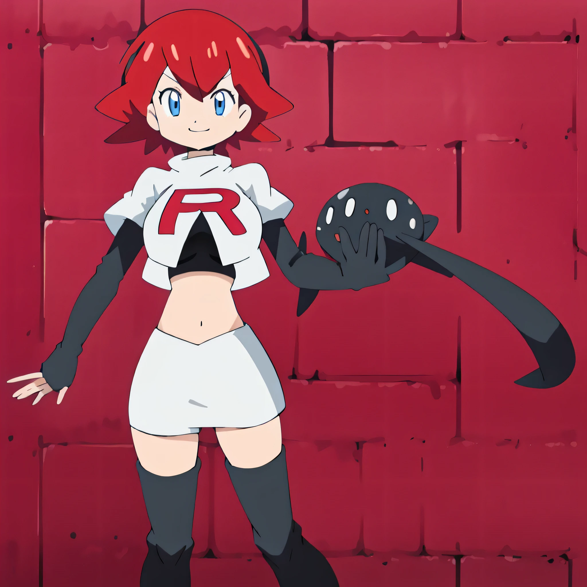 8k, anime screencap,1girl in, (solo:1.1), (perfect body:1.1), (best quality:1.1), very large breast, team rocket uniform, red letter r, white skirt,white crop top,black thigh-high boots, black elbow gloves, evil smile, looking down at viewer, hands on hips,zettai ryouiki,