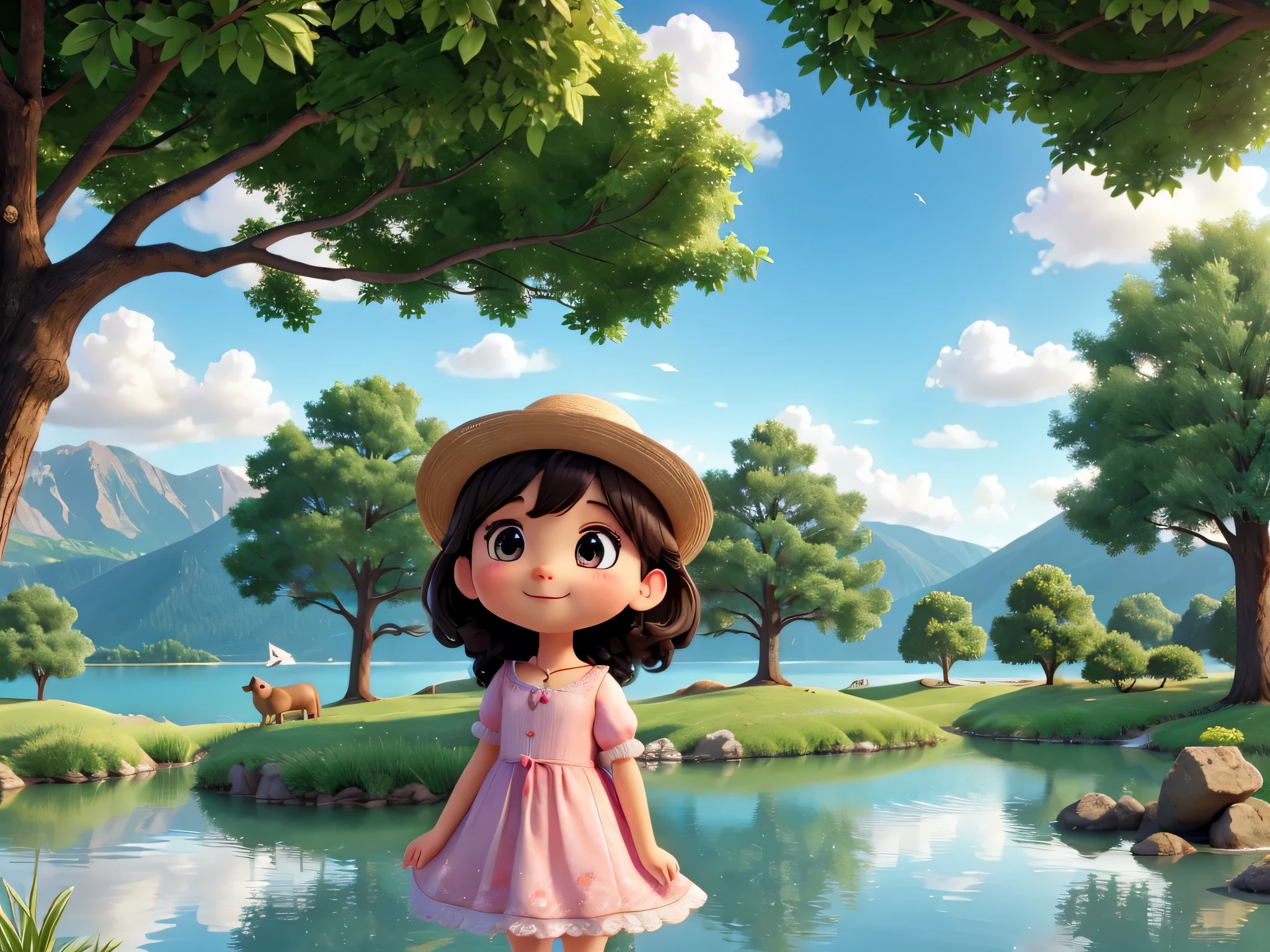 a cute picture with a magical lake as a background, sehr detaillierter Charakter