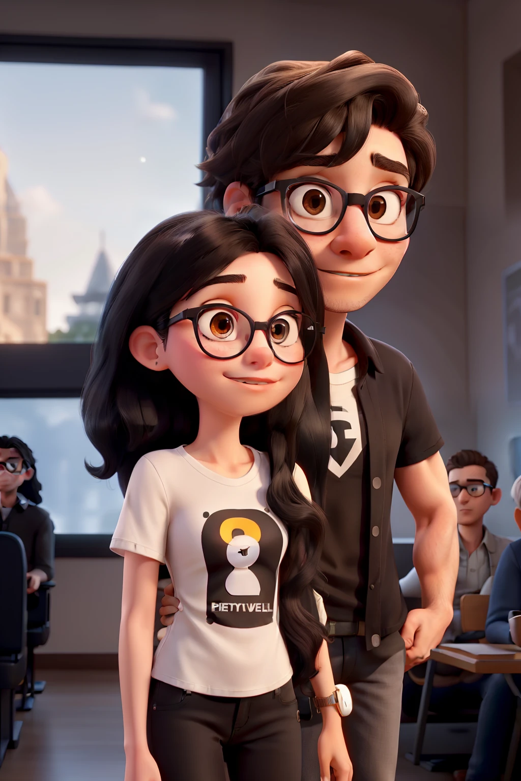 Young white woman with long black hair and brown eyes wearing jeans and black blouse with young white man in prescription glasses, black eyes short black hair with superhero shirt inside the cinema