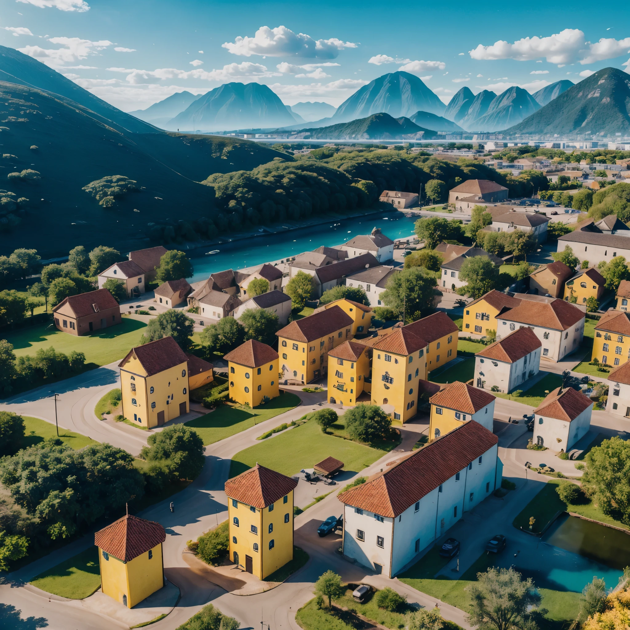 Landscape with buildings, (Adventurecore:1.6), hyper realistic, 8k, vibrant colors, sharp image