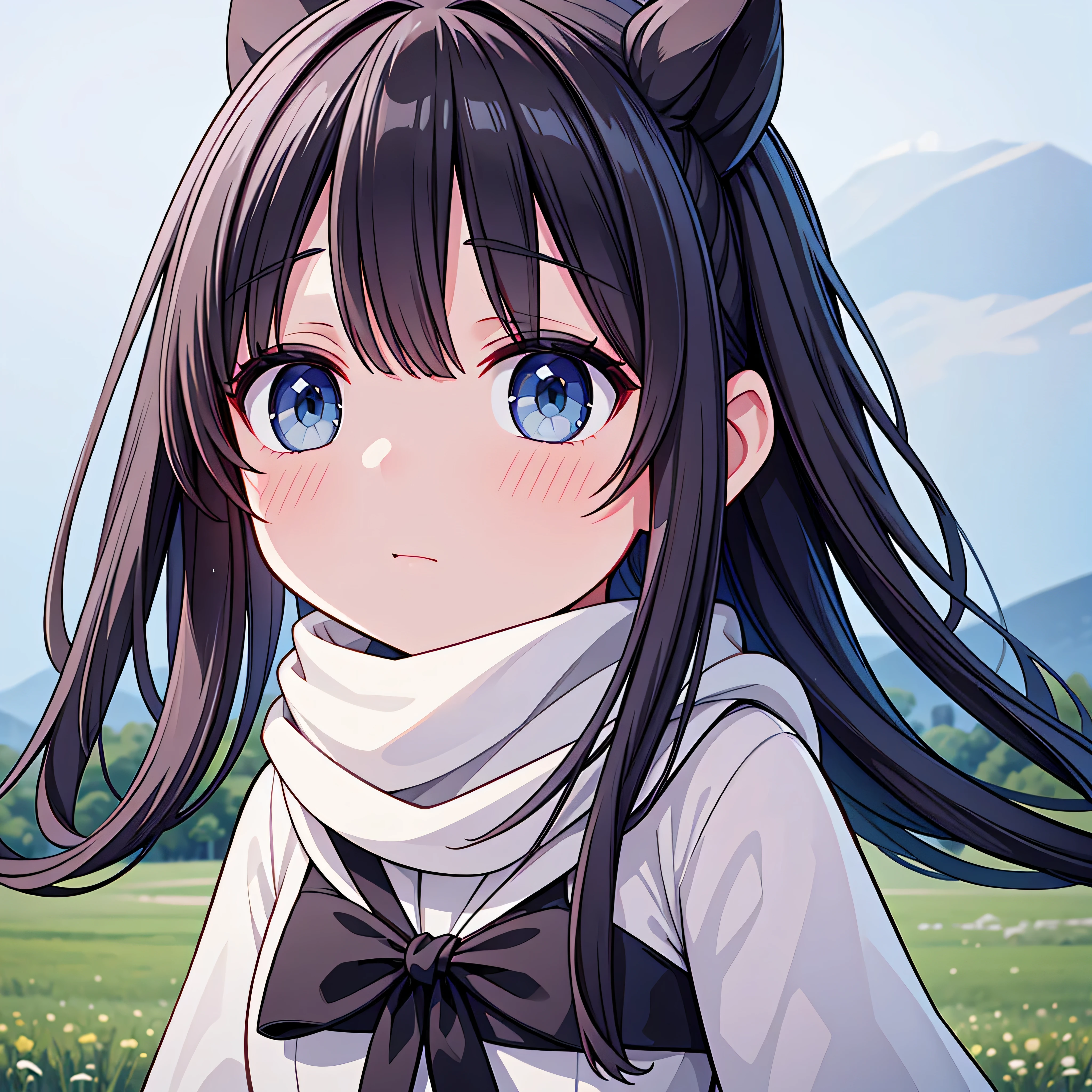 8K, Best quality, masterpiece, Realistic, Ultra detail, photo Realistic, Increase quality, photo of a girl, standing in a field with a scarf, in the style of a dark and brooding designer, volumetric mass, photo tower, Serene faces, Jagged edges, naval, natural beauty, Close-up