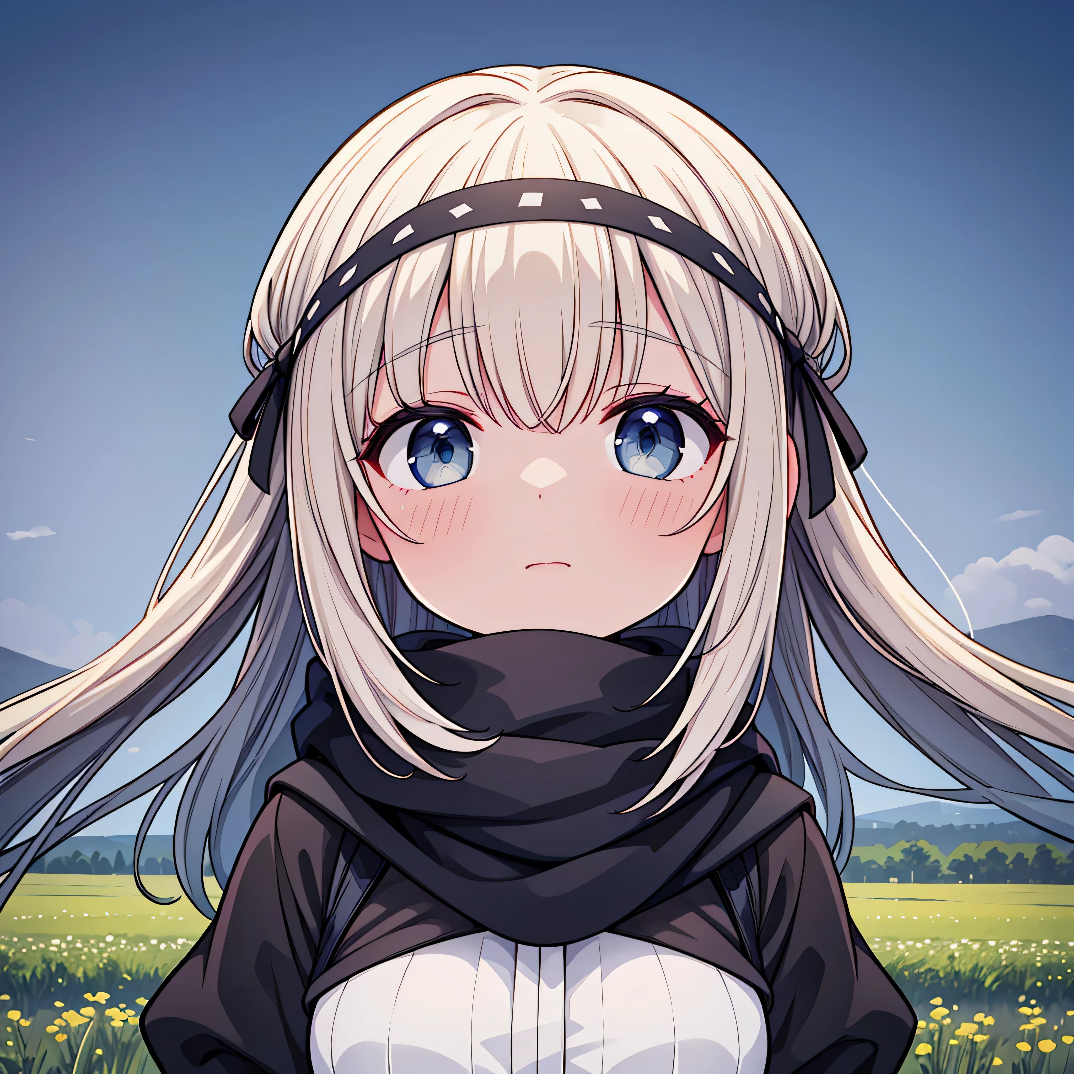 8K, Best quality, masterpiece, Realistic, Ultra detail, photo Realistic, Increase quality, photo of a girl, standing in a field with a scarf, in the style of a dark and brooding designer, volumetric mass, photo tower, Serene faces, Jagged edges, naval, natural beauty, Close-up