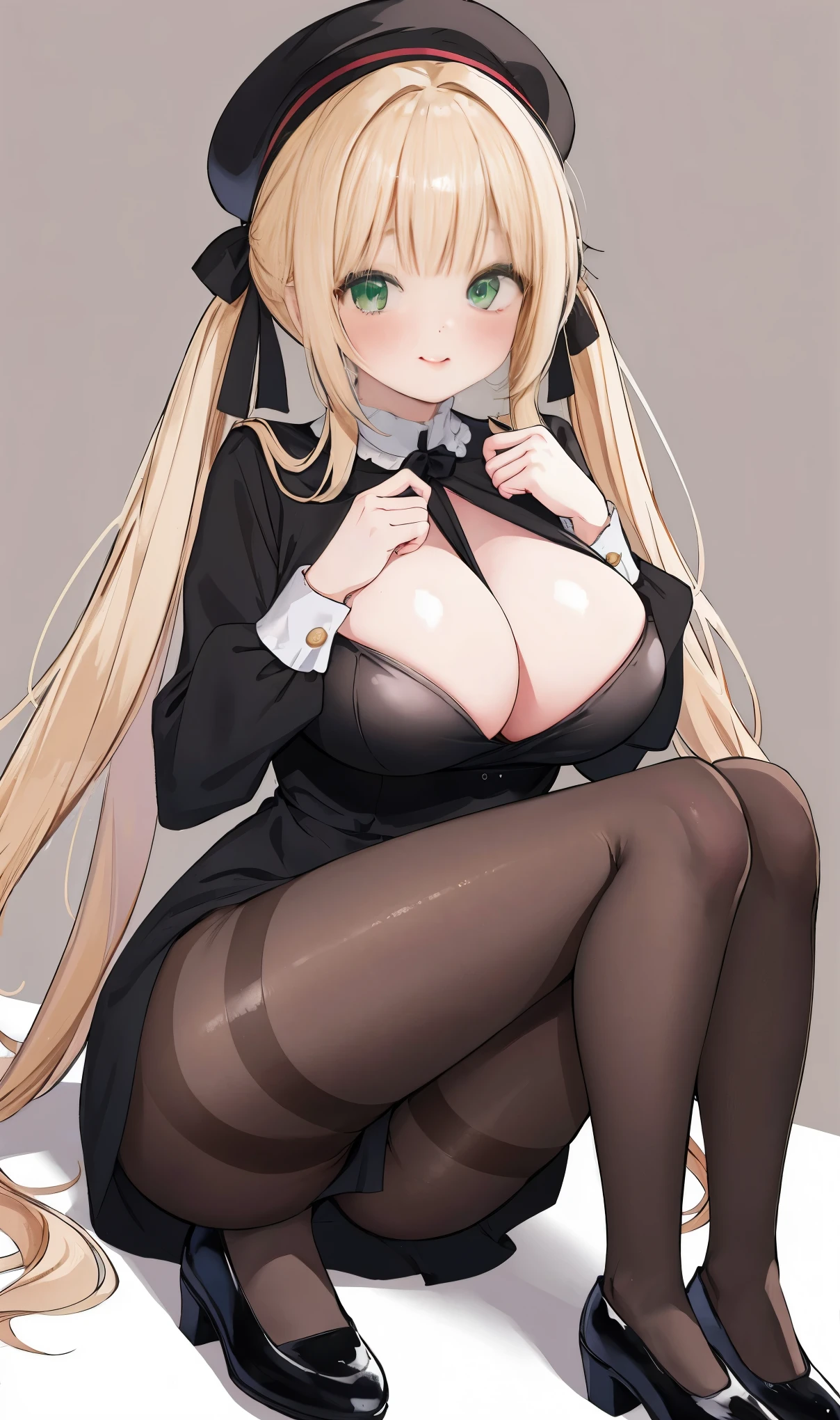 (best quality, masterpiece, highres),1girl,solo, sandy blonde hair,hair,twintails,,black pantyhose,pout,sitting,blush,simple background,looking to the side, green eyes, blush, juicy lips, glossy skin, glittery eyes, doll eyes, black footwear, black pantyhose, brown dress, brown headwear, long sleeves, big , smiling, fat juicy tits, fat juicy ass