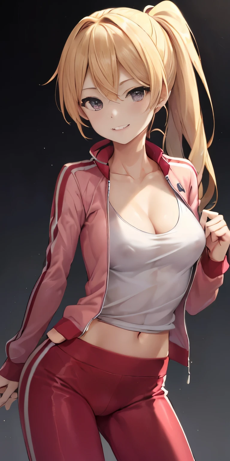 (highest quality:1.3), blonde hair ponytail, medium chest, erect nipples、Transparent tight camisole, open jacket, track pants, Are standing, cleavage, (throw, close shot), smile