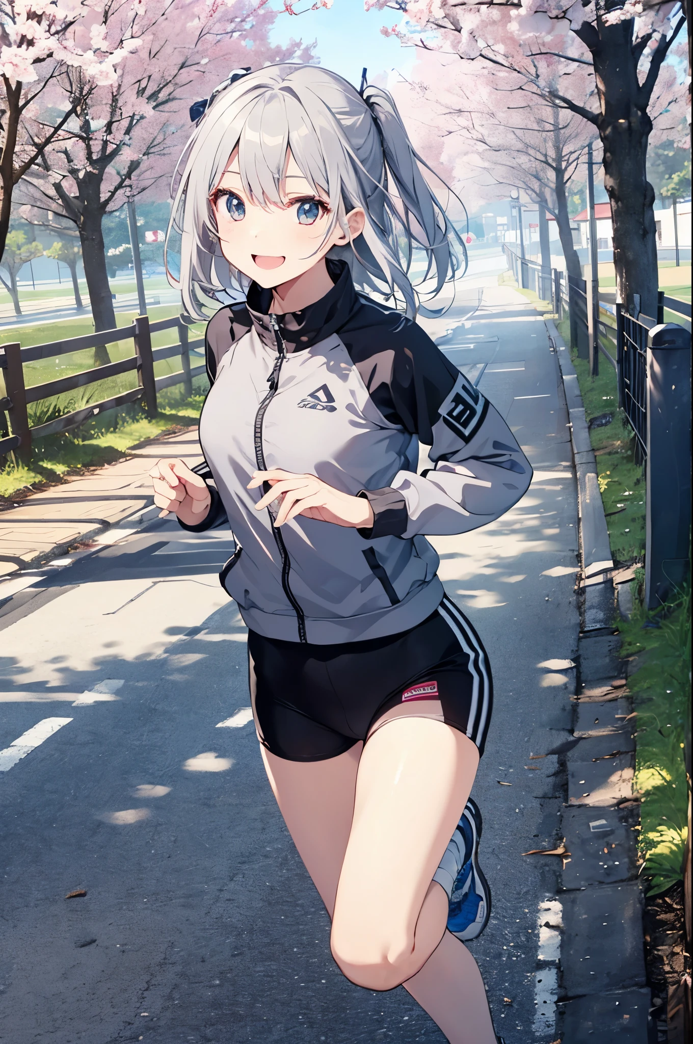 (Pretty sister:1.3)、happy face,spring atmosphere、running、morning、aggressive