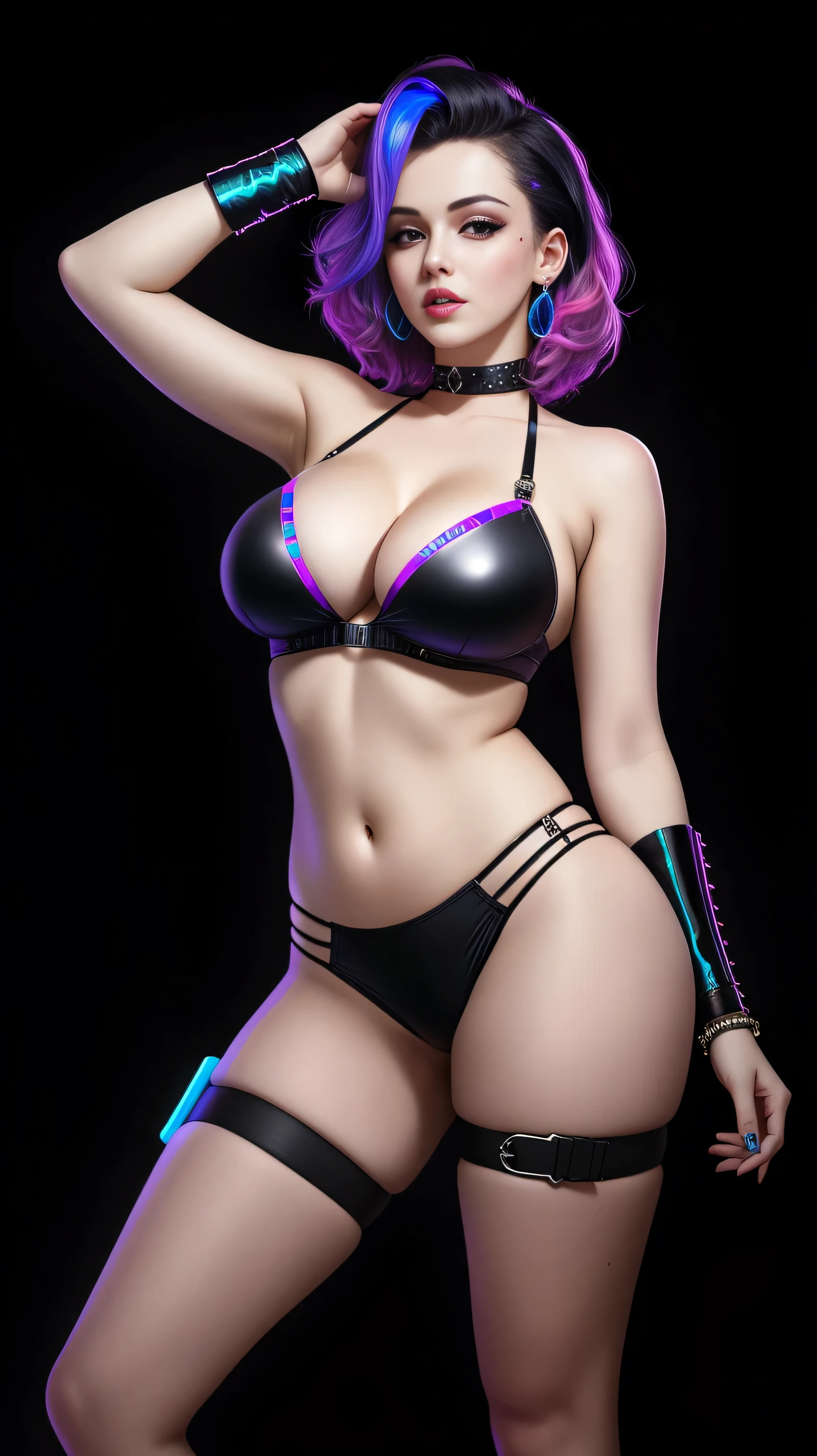 there is Marilyn Monroe standing, royal blue and bright purple neon streaked hair, 3 d neon art of a womans body, neon-noir background, cyberpunk femme fatale, seductive cyberpunk dark fantasy, cyberpunk strip clubs, cyberpunk 20 y. o model girl, oppai cyberpunk, banner, high definition cgsociety, cgsociety masterpiece, trending on cgstation, kda, random hair, looking at camera, gigantic breasts, cleavage, (high detailed skin:1.2), 8k uhd, dslr, super lighting, high quality, film grain, high res, highly detailed, hyper realistic, beautiful face, beautiful body, beautiful eyes nose lips, alluring expression, very bold, upper visible, full body photo, standing legs apart, pale translucent glowing skin, most beautiful face, cute, (well defined pubic hair:1.2)), (dark plain black background:1.4))