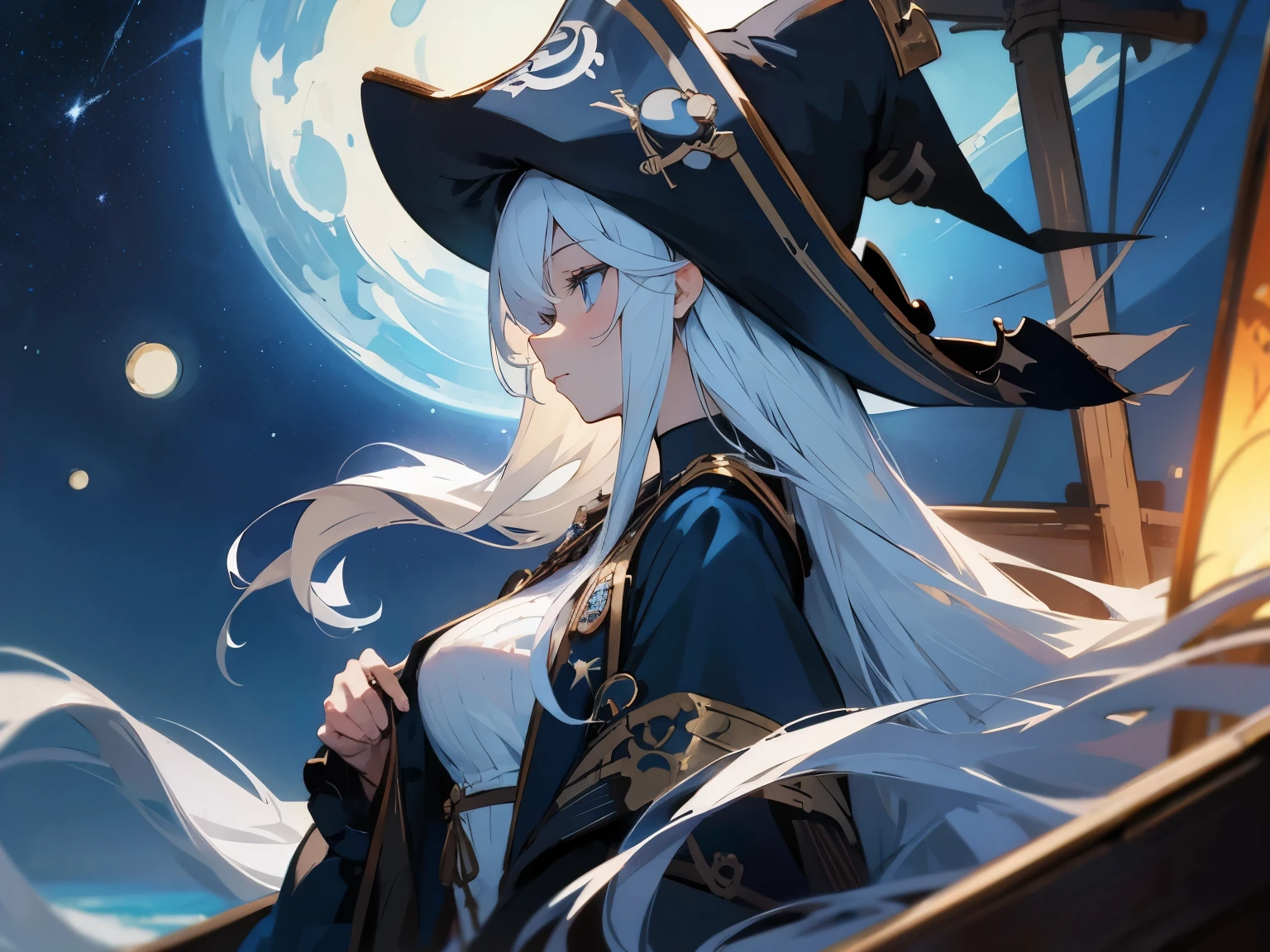 starry night ship sea、Profile of a girl with long white hair and blue eyes wearing a pirate hat、breast enhancement、art nouveau
