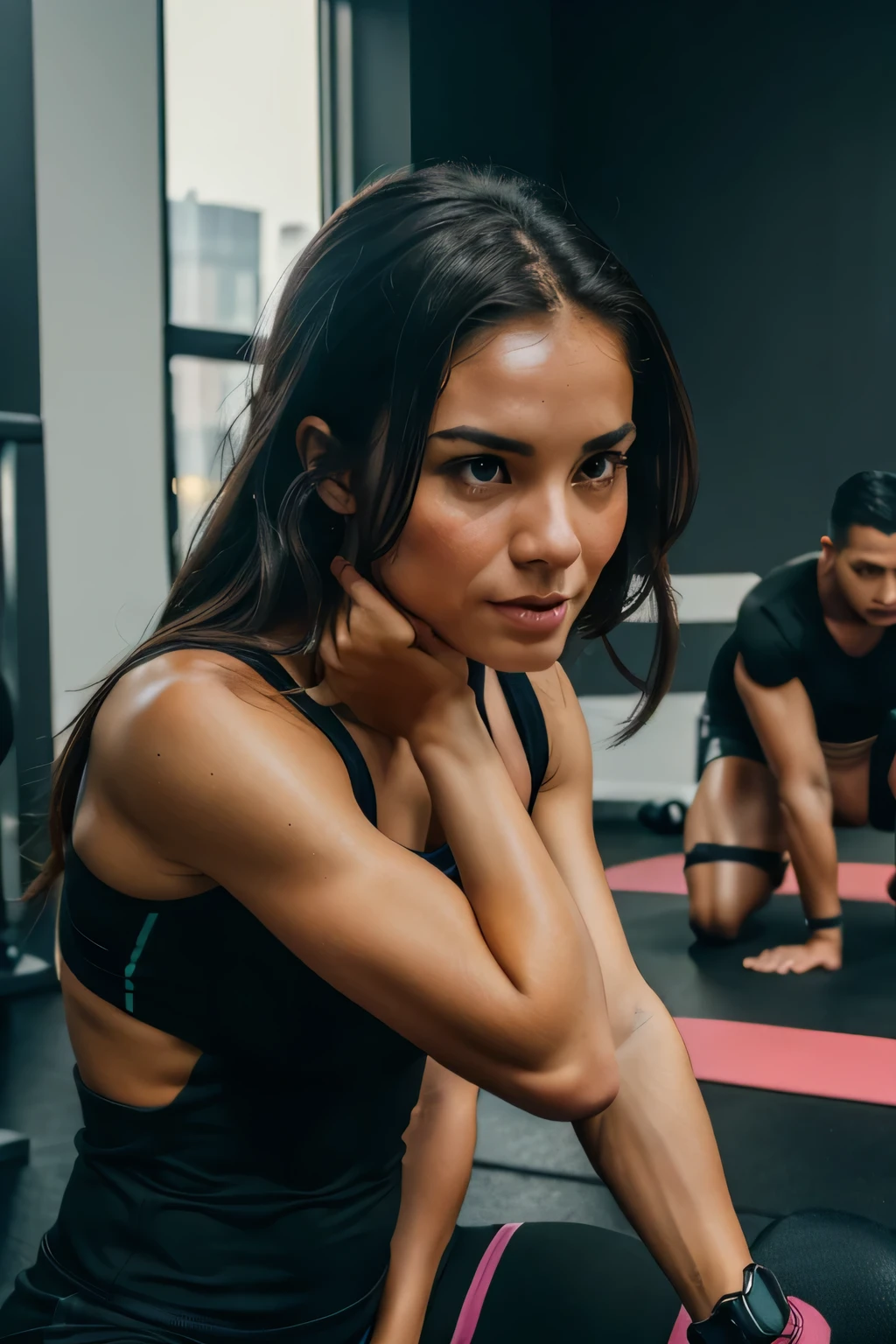 (best quality,4K,8 TAUSEND,High Resolution,Meisterwerk:1.2),ultradetailliert,(realistisch,photorealistisch,photo-realistisch:1.37),a girl with dark brown hair working out in a Fitnessstudio,Lebensstil,Fitnessstudio,energetisches Training,Gesundes Wohnen,Entschlossener Ausdruck,starke und straffe Muskeln,sweaty body,Sportkleidung,Ausdauertraining,hochintensives Training,fokussierte Denkweise,Positive atmosphere,starke Trainingsroutine,motivierendes Umfeld,bright and well-lit Fitnessstudio,State-of-the-art fitness equipment,Training equipment in the background,lebendige Farben,Ausdauer und Kraft,spezielles Fitnessprogramm,healthy Lebensstil,inspirierende Umgebung,ermutigende Stimmung,Leidenschaftliche Einstellung,Confident and empowered,progressive Trainingstechniken,Attention to form and technique,engagierter Personal Trainer,Fitnessreise,Goaented,positive support from peers,increased heart rate,angekurbelter Stoffwechsel,increased energy,aktiv und dynamisch,Verbesserung der Ausdauer,ins Schwitzen kommen,mit Entschlossenheit trainieren,Herausforderungen annehmen,Ich liebe den Prozess