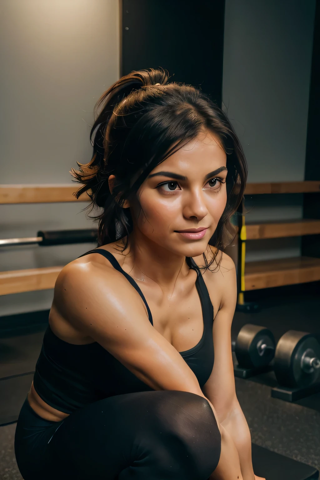 (best quality,4K,8 TAUSEND,High Resolution,Meisterwerk:1.2),ultradetailliert,(realistisch,photorealistisch,photo-realistisch:1.37),a girl with dark brown hair working out in a Fitnessstudio,Lebensstil,Fitnessstudio,energetisches Training,Gesundes Wohnen,Entschlossener Ausdruck,starke und straffe Muskeln,sweaty body,Sportkleidung,Ausdauertraining,hochintensives Training,fokussierte Denkweise,Positive atmosphere,starke Trainingsroutine,motivierendes Umfeld,bright and well-lit Fitnessstudio,State-of-the-art fitness equipment,Training equipment in the background,lebendige Farben,Ausdauer und Kraft,spezielles Fitnessprogramm,healthy Lebensstil,inspirierende Umgebung,ermutigende Stimmung,Leidenschaftliche Einstellung,Confident and empowered,progressive Trainingstechniken,Attention to form and technique,engagierter Personal Trainer,Fitnessreise,Goaented,positive support from peers,increased heart rate,angekurbelter Stoffwechsel,increased energy,aktiv und dynamisch,Verbesserung der Ausdauer,ins Schwitzen kommen,mit Entschlossenheit trainieren,Herausforderungen annehmen,Ich liebe den Prozess, Bulgarische Split Squats,