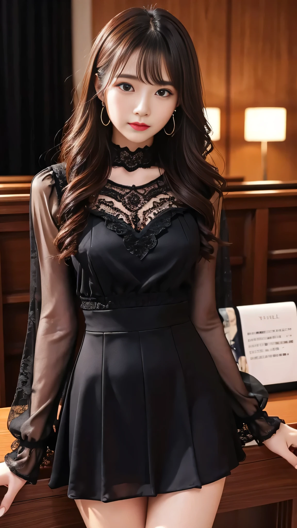 Super detailed、Japanese、charming beauty、seductive adult woman、Dainty woman、sharp eyes、cool girl、wavy hair、suit、Black chiffon、lacy fabric、wide sleeve、wearing a lace insert dress、white blouse、Tight Skirt、skin color hose、Shiny legs、evilの幹部、evil depravity、brainwashing、Mind control、lipstick、grin、邪evilなな表情、evil、empty eyes、邪evilな、Church at night、reach out