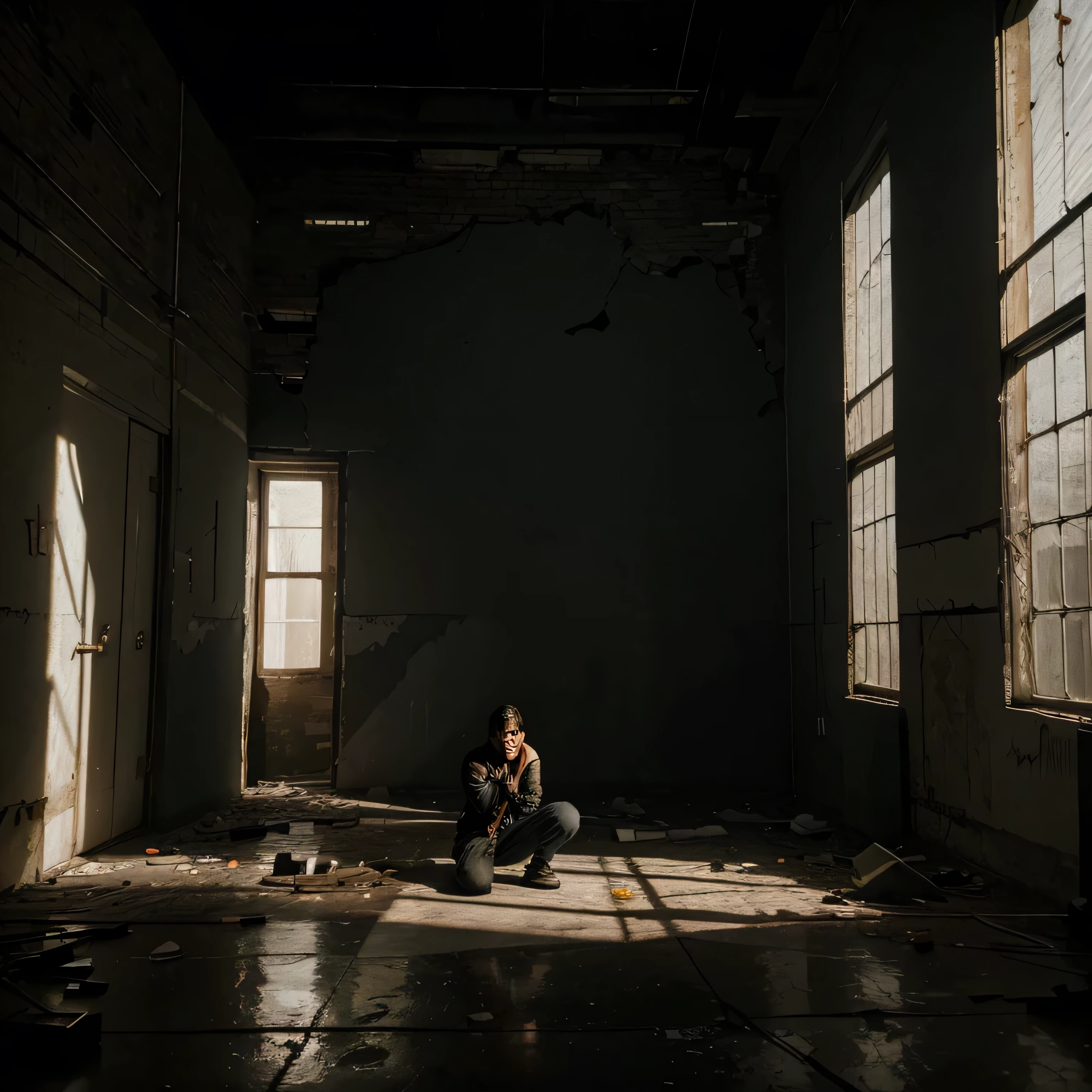 The painting captures a desolate landscape, vielleicht ein schwach beleuchteter Raum oder ein verlassener Industrieraum, symbolisiert den inneren Aufruhr, der im Liedtext beschrieben wird. Schatten dominieren die Szene, The feeling of isolation and despair is heightened. Im Vordergrund, eine Figur ist abgebildet, gefesselt und belastet durch die Last ihrer Vergangenheit, Her posture conveys a feeling of defeat and exhaustion. Erinnerungen werden durch geisterhafte Dolche dargestellt, die die Silhouette der Figur durchbohren, Veranschaulichung der eindringlichen Natur der Vergangenheit. A central element of the painting is a wall, bedrohlich im Hintergrund aufragt. It serves as both a physical barrier and a metaphor for the mental barriers, mit denen der Einzelne konfrontiert ist. Risse und Risse ziehen sich durch die Wand, an indication of the potential for breakthrough and liberation. In den Rissen der Wand, Fragmentierte Stimmen und Bilder wirbeln herum, represents the intrusive thoughts and echoes, die in den Texten beschrieben werden. These elements contribute to the confusing atmosphere of the painting. Trotz der Dunkelheit und Verzweiflung, Es gibt einen Hoffnungsschimmer in Form eines subtilen Lichts, das durch die Risse in der Wand bricht. It symbolizes possibility, to free yourself from the limitations of the past and overcome inner demons. Gesamt, The painting captures the emotional intensity and raw vulnerability of the lyrics, It invites viewers, to reflect on the complexities of personal struggle and resilience.