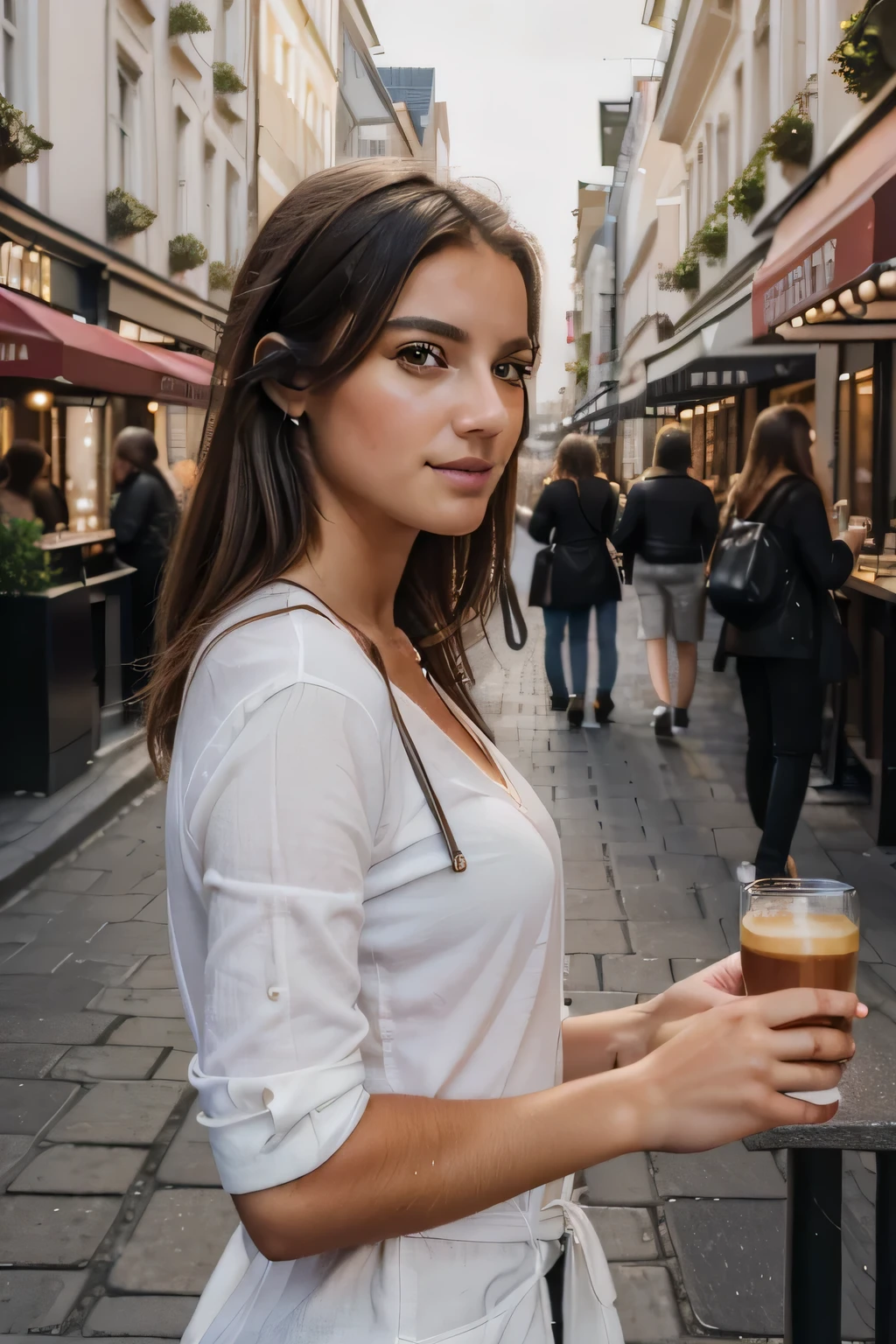 (best quality, High Resolution, realistisch:1.37), ultradetailliert, Photo of a beautiful girl, In der Stadt, Trage ein schwarzes Oberteil, genießend, Tochter, Sommer, Hot girl, casually dressed, Kaffee trinken, Cafe, entspannt, Blick aufs Smartphone, In der Stadt, leuchtende Farben, warm tones, Sanfte Beleuchtung