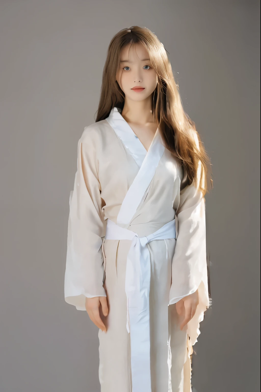 ((masterpiece,highest quality, High resolution)), 1 girl, alone, The light is gentle,One girl wearing a transparent yukata,(white sash),((Burlap)),(Female prisoners),With figure,brunette colored hair,white long hair,Standing in a dark prison,stand up,Looks like a whole body,tears flow,clothes cover the whole body,fold,solid color background,