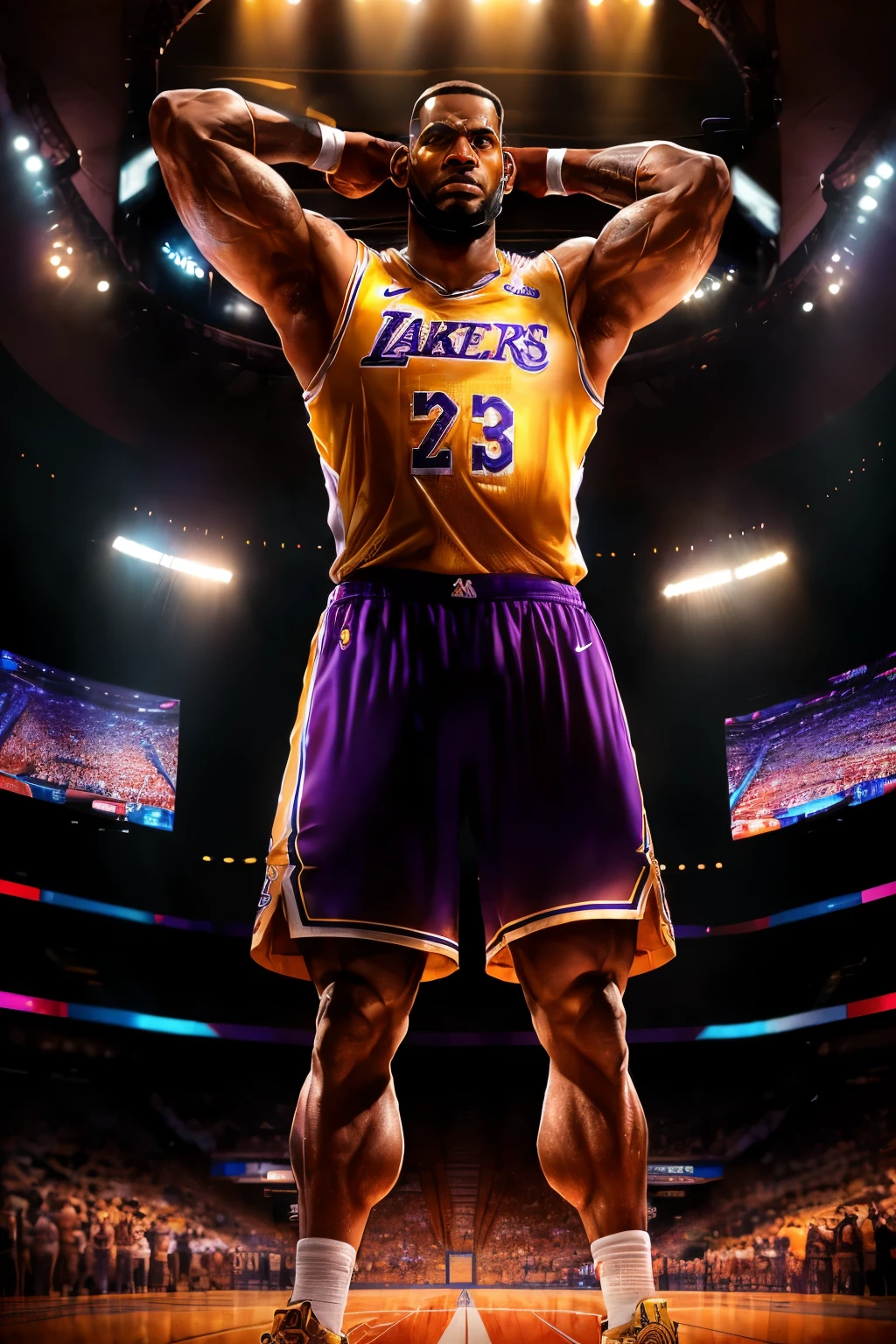 Movie CG, Lebron James, Lakers, tight jersey, massive biceps, bulging muscles, spotlight, arena, bright stadium lights. --s2
Imagine a stunning, ultra-detailed cinematic illustration of Lebron James in his iconic Lakers jersey. The jersey hugs his muscular frame, drawing particular attention to his immense biceps, which seem to burst out of the fabric as he flexes with a confident smirk. The stadium lights bathe the scene in a vibrant, high-contrast glow, illuminating every rippling muscle and intricate detail on his powerful physique.
The background showcases an energetic, roaring